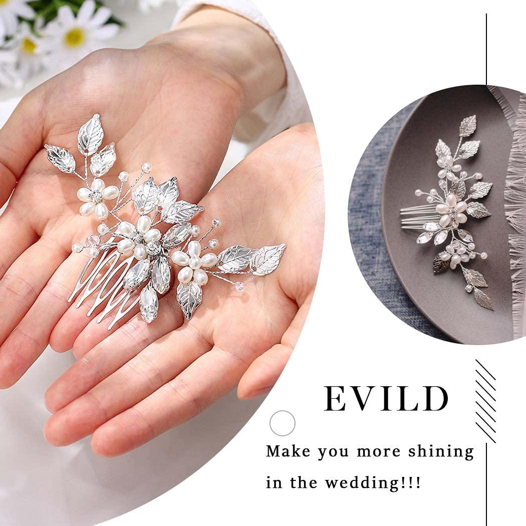 EVILD Evild Leaf Bride Wedding Hair Comb Silver Pearl Rhinestone Hair Piece Flower Crystal Bridal Hair Accessories for Women