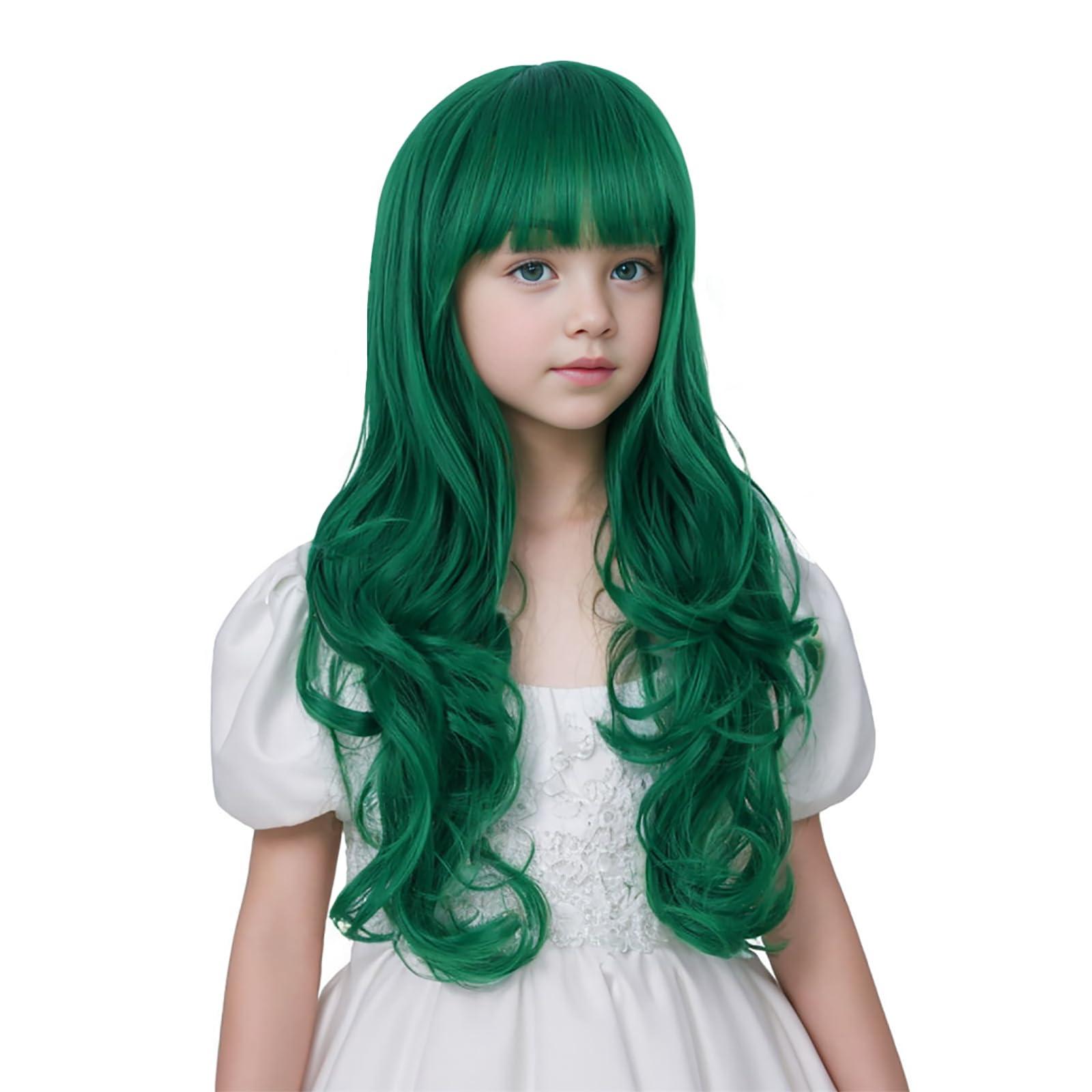 Edivd Edivd Kids Dark Green Wig Long Green Wig with Flat Bangs for Child Long Dark Green Wavy Curly Wig for Girls Heat Resistant Synthetic Wig with Wig Cap