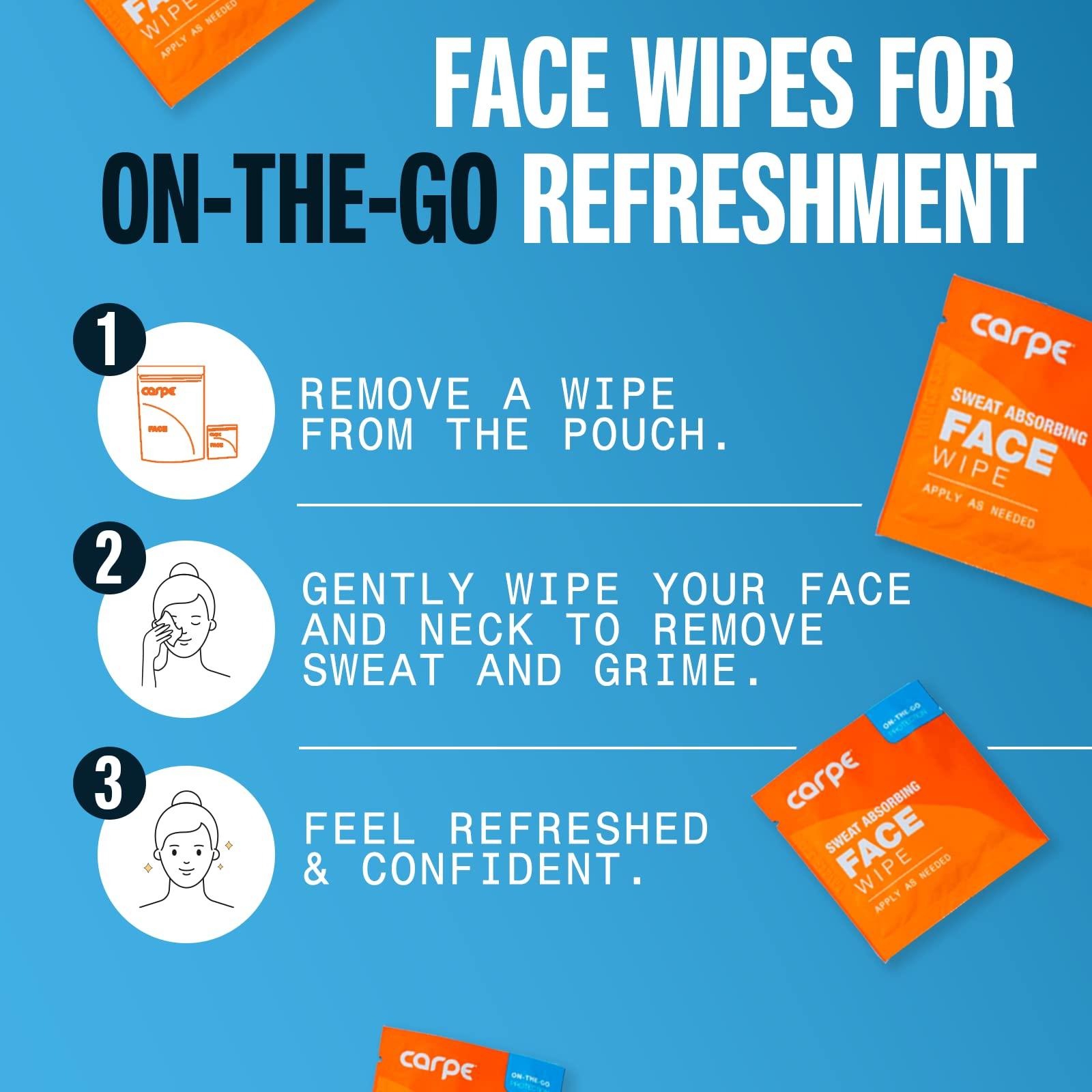 Carpe Carpe Sweat Absorbing Face Wipes (15 Facial Wipes). Witch Hazel & Tea Tree Oil Wipes Infused with Eucalyptus. Energizing, Refreshing, and Soothing. Sweat and Oil Control