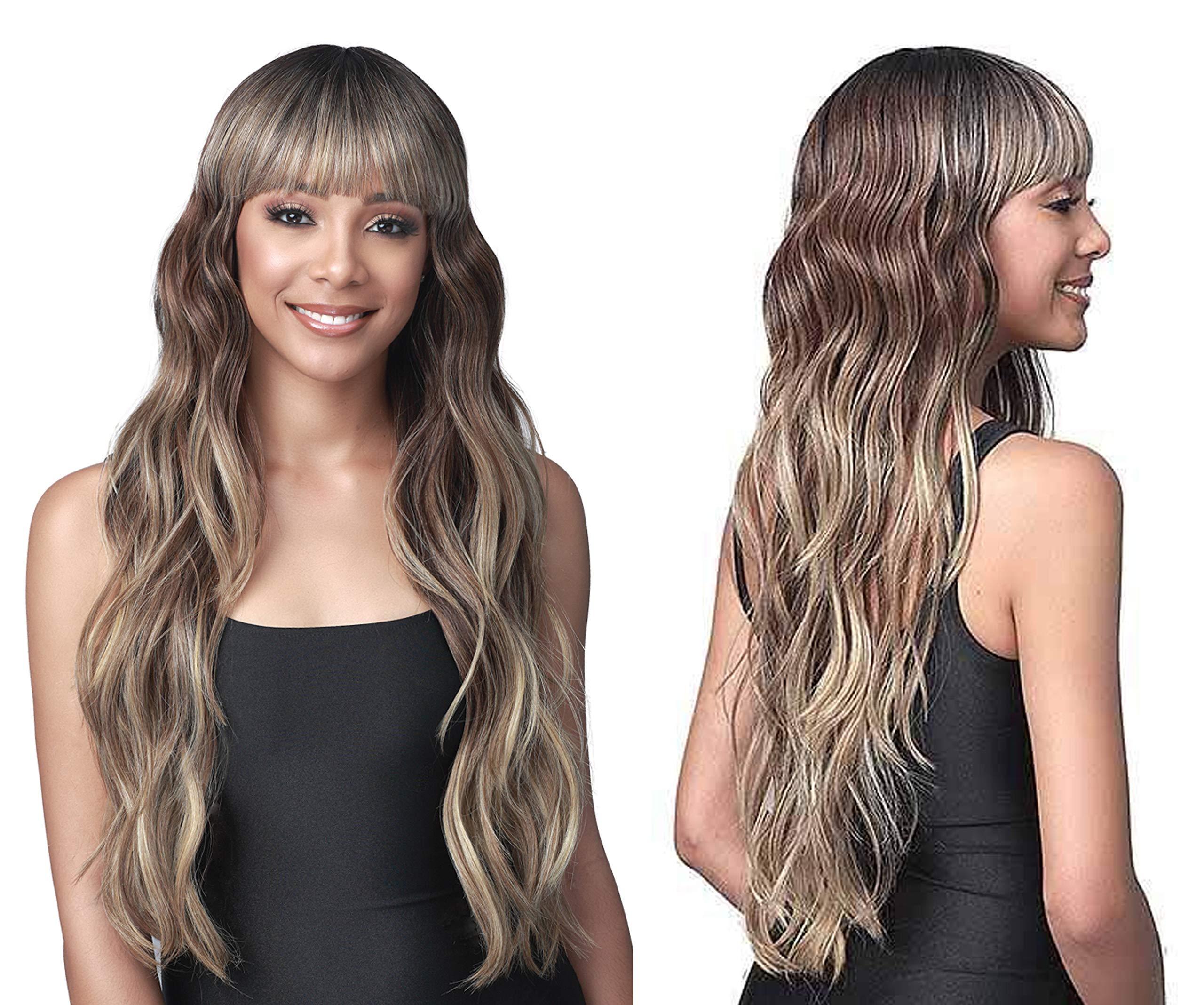 BOBBI BOSS BOBBI BOSS Long Curly Premium Synthetic Bang Wig ELODIE, Elegant Silky Natural Wavy Hair, Air Bangs, Natural Looking Heat Resistant Hair Replacement Wig for Party Cosplay (1B / Natural Black)