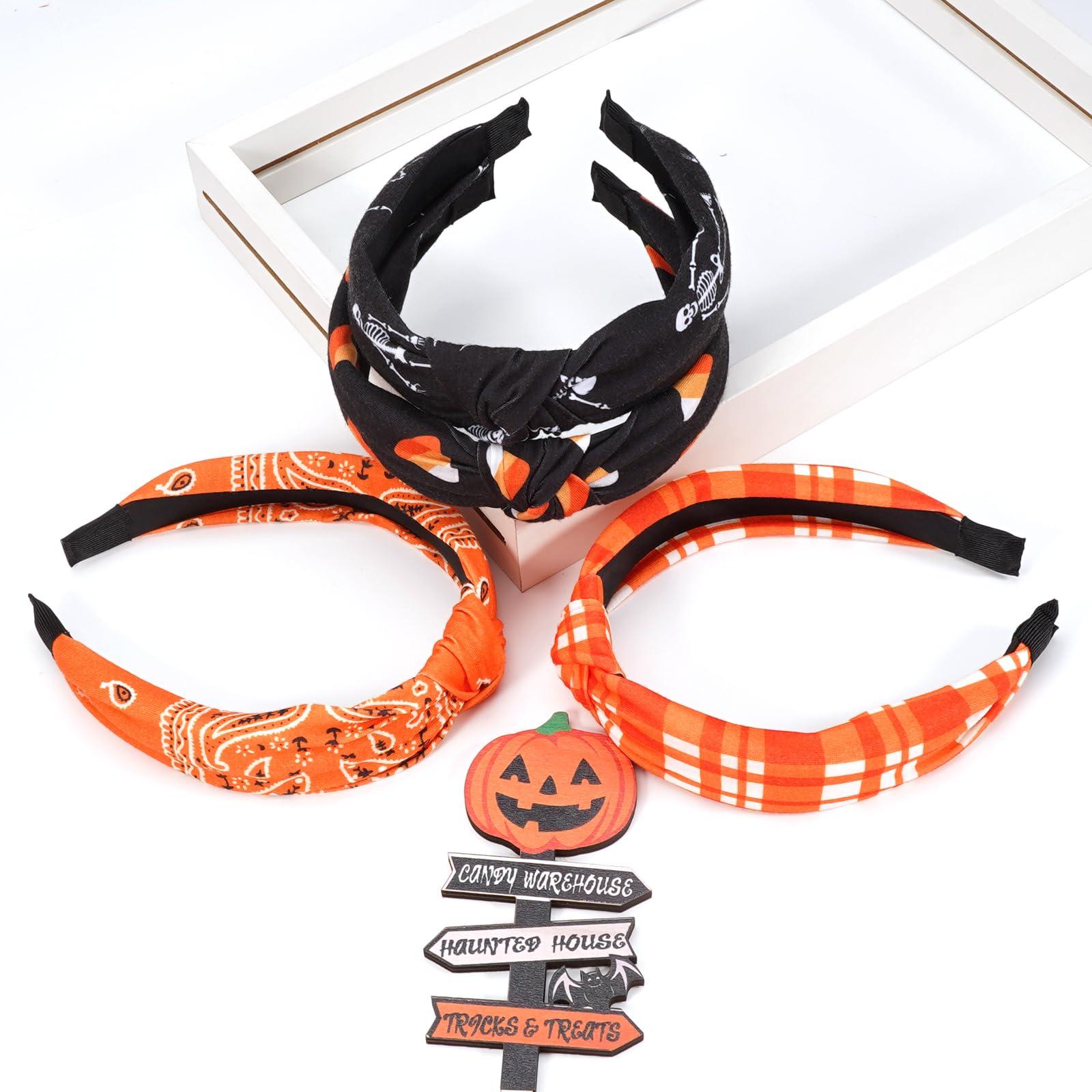Bookay Halloween Headbands for Women Girls Skeleton Skull Candy Wide Knot Heabdand Fall Orange Bandana Plaid Hairbands Hair Accessories Halloween Party Outfit Gifts
