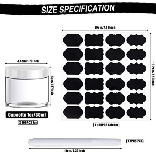 Potchen Potchen 100 Set Plastic Jars Makeup Travel Makeup Container with Lids Slime Storage Containers for Creams Toiletries Small Containers with Lids Chalkboard Label Stickers Marker (White, 1 oz)