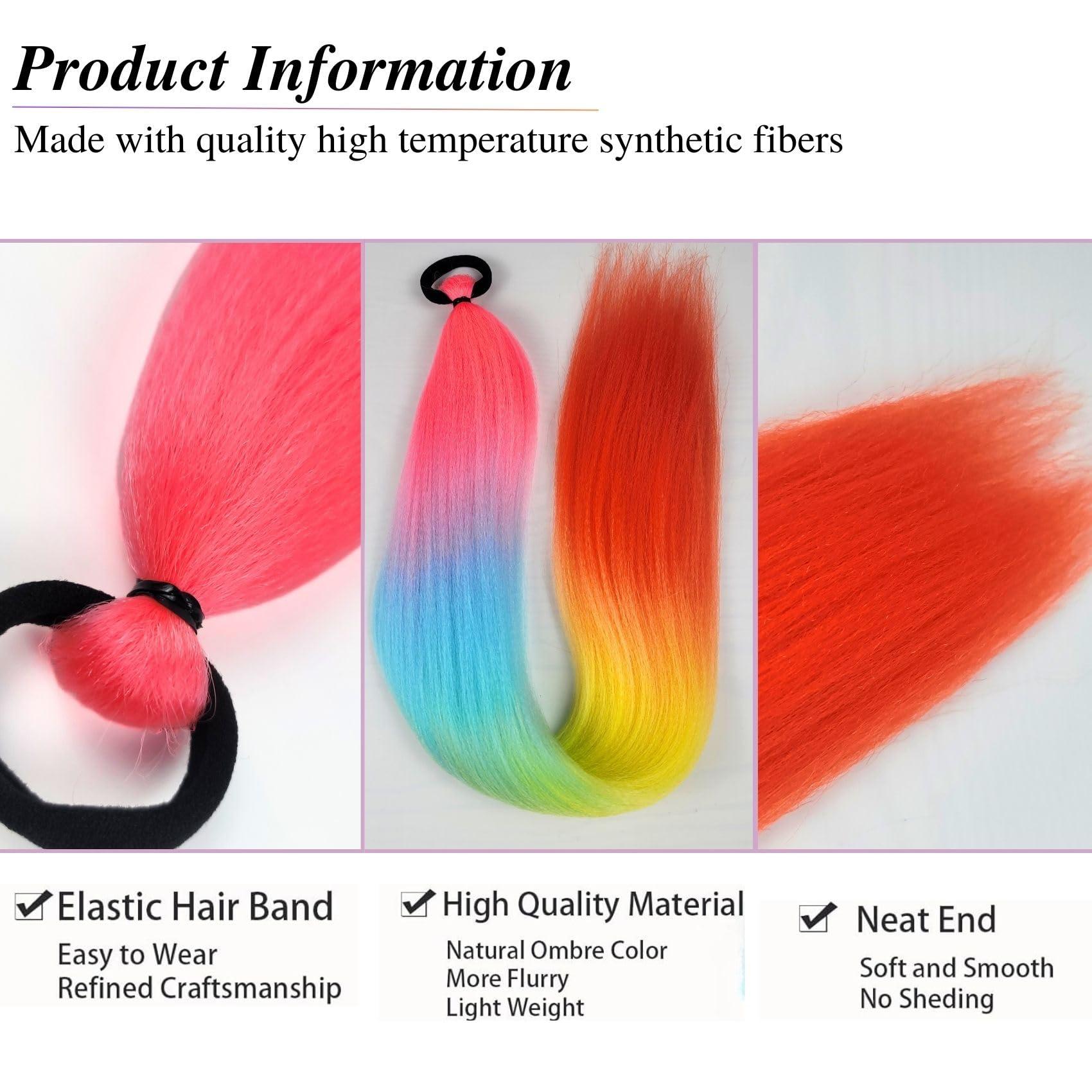 Gozill Rainbow Hair Extensions for Rave Box Braids Straight Synthetic Braid Ponytail Extensions with Elastic Tie for Party Festival (26Inch, Pack of 2)