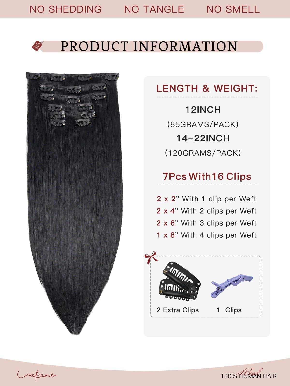 Loveline Loveline Clip In Hair Extensions 22 Inch Human Hair Clip in Real Human Hair Extension for Women Jet Black 120g 7 Pieces Per Set