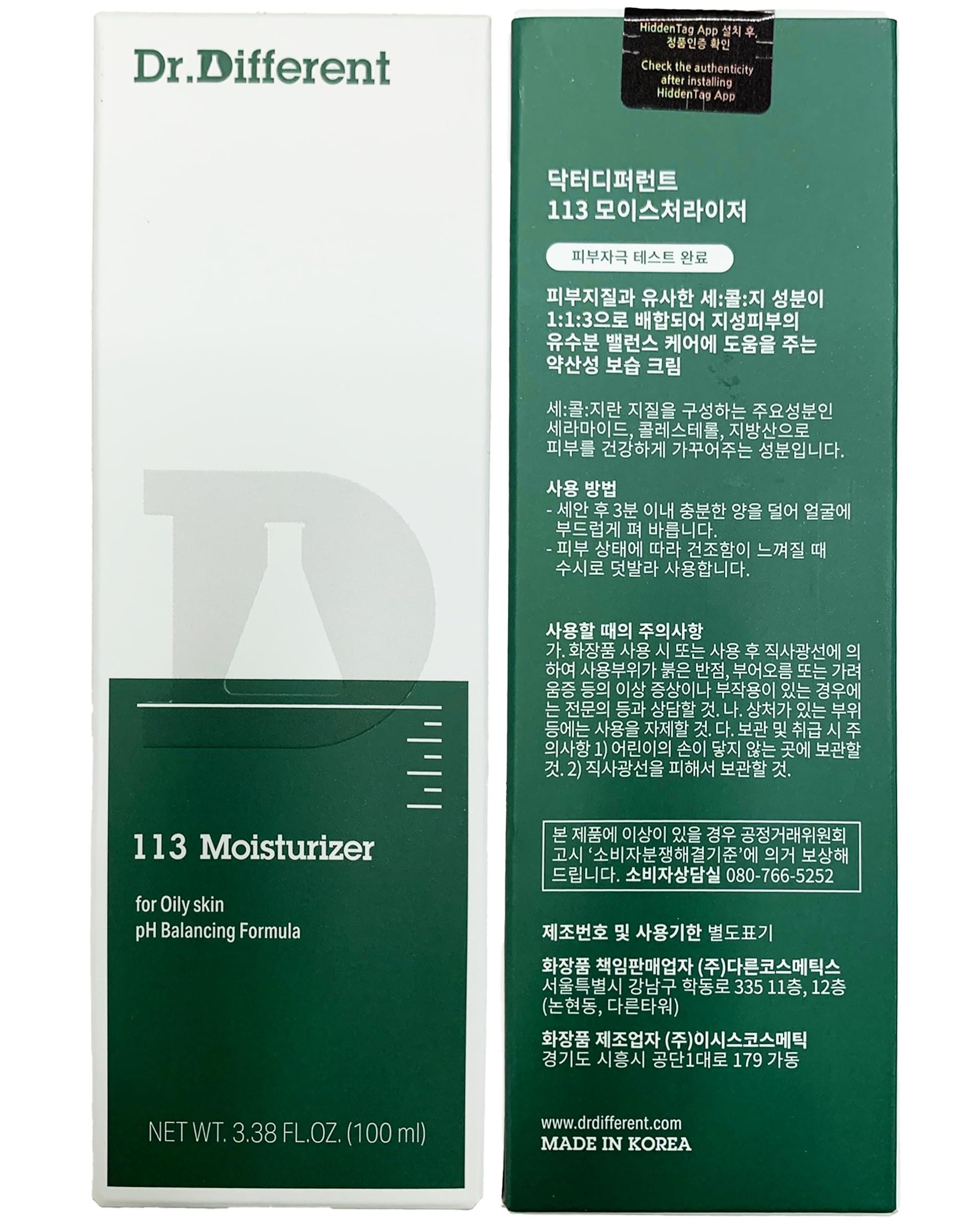 Dr.Different Dr.Different 113 Moisturizer - Sebum Control Face Moisturizer for Oily Skin, Pore Reducing and Trouble Care, Hypoallergenic Moisturizing and Soothing Facial Cream, 3.38 oz.