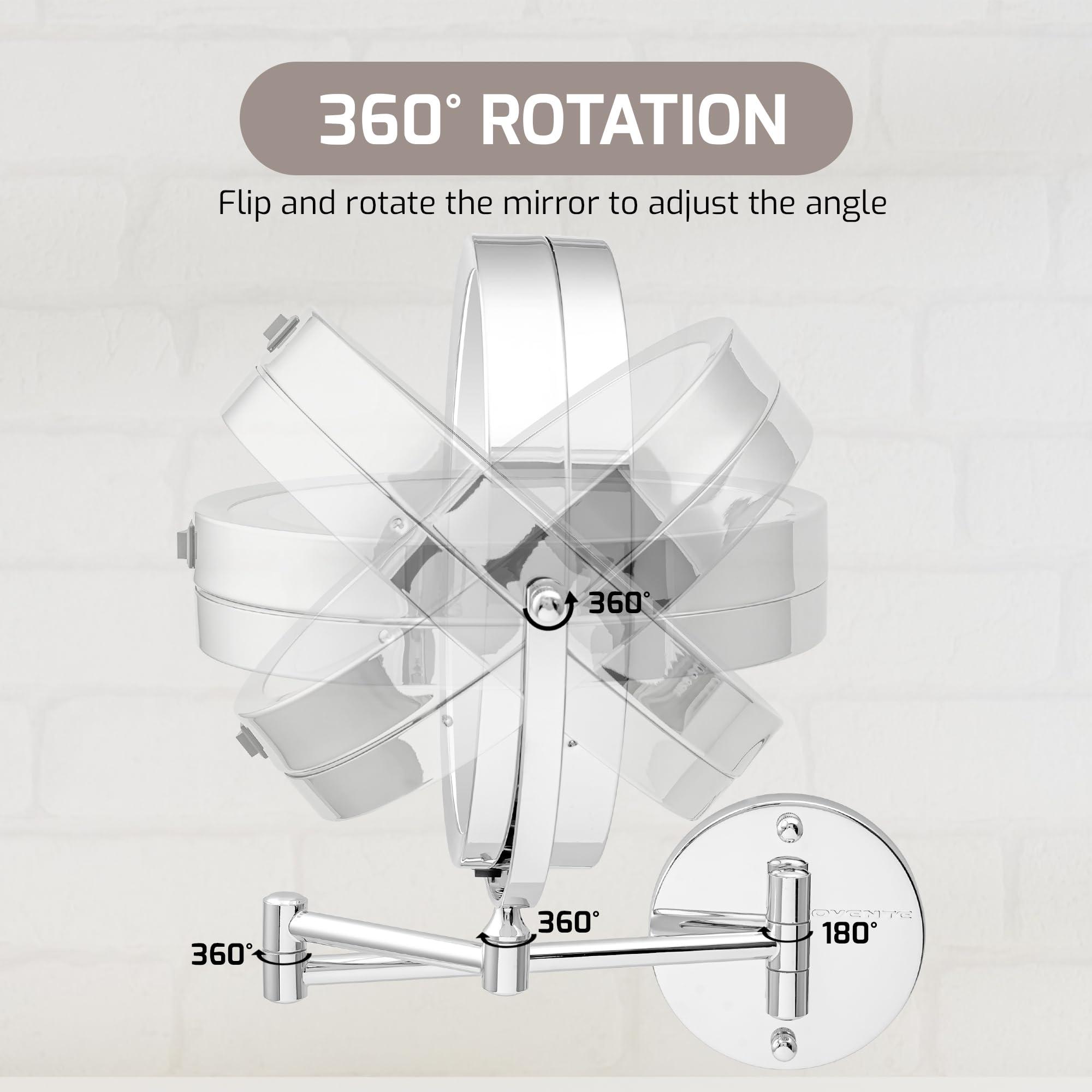 OVENTE OVENTE 9" Lighted Wall Mount Makeup Mirror with 1X/10X Magnification, Cordless Double Sided Magnifying Round Vanity Mirror, 360 Swivel Design, Extendable and Folding Arm, Polished Chrome MFW85CH1X10X