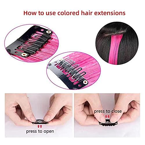 TENGNIUNIU TENGNIUNIU Colored Hair Extensions Clip in Hot Pink 12 Pieces Highlights Party for Kids Girls Women 16 Inch Wavy Curly Synthetic