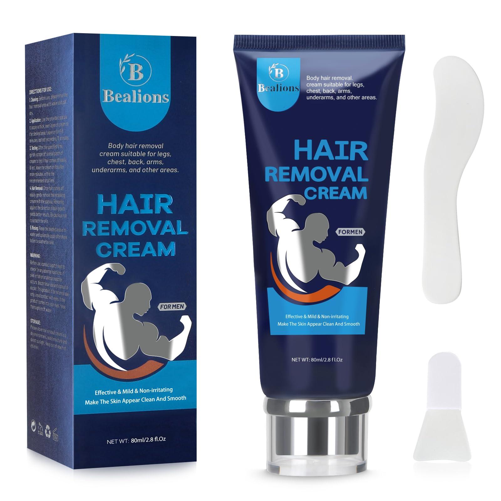 Bealions Gentle Hair Removal Cream for Men: No Irritation to Skin - Intimate/Private Areas Effective Hair Removal - Body Depilatory Cream to Remove Unwanted Hair 80ml