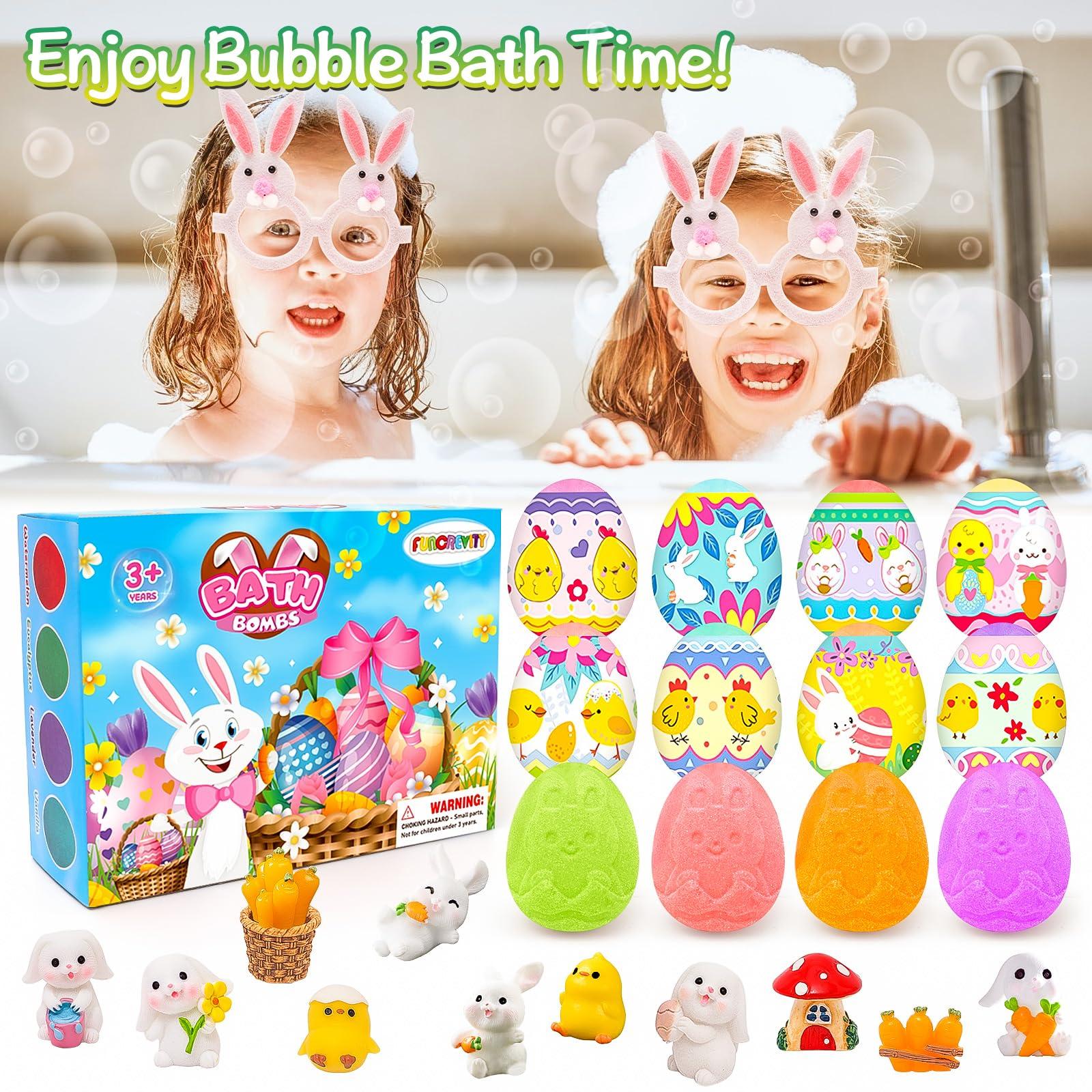 FUNCREVITY Easter Bath Bombs with Toys Inside for Kids Girls Boys Easter Basket Stuffers Handmade Fizzy Easter Eggs Balls Organic Bubble Bath Bombs for Easter Party Favor Easter Gift Set