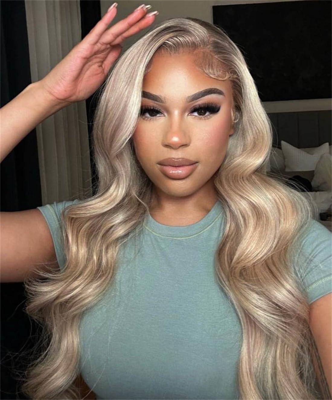Rina Rina 200% Density Milk Tea Ash Blonde Lace Front Wig Human Hair Upgrades Body Wave Platinum Grey Balayage Lace Front Wig More Full and Thicker 13x4 HD Invisible Frontal Wig for Women 18 Inch
