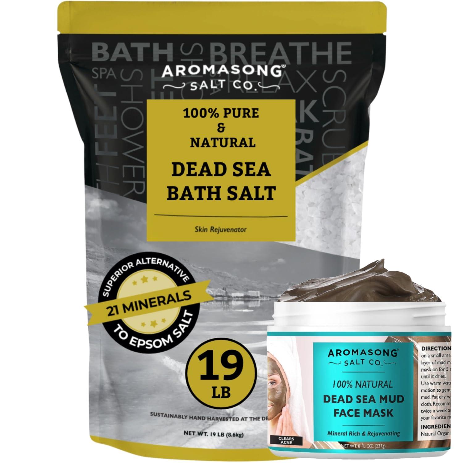 Aromasong Dead Sea Bath Salt 19 LB Fine Grain in Bulk Resealable Bag with 100% Pure Dead Sea Mud Mask - 5 Minute Mask for Face and Body Skincare