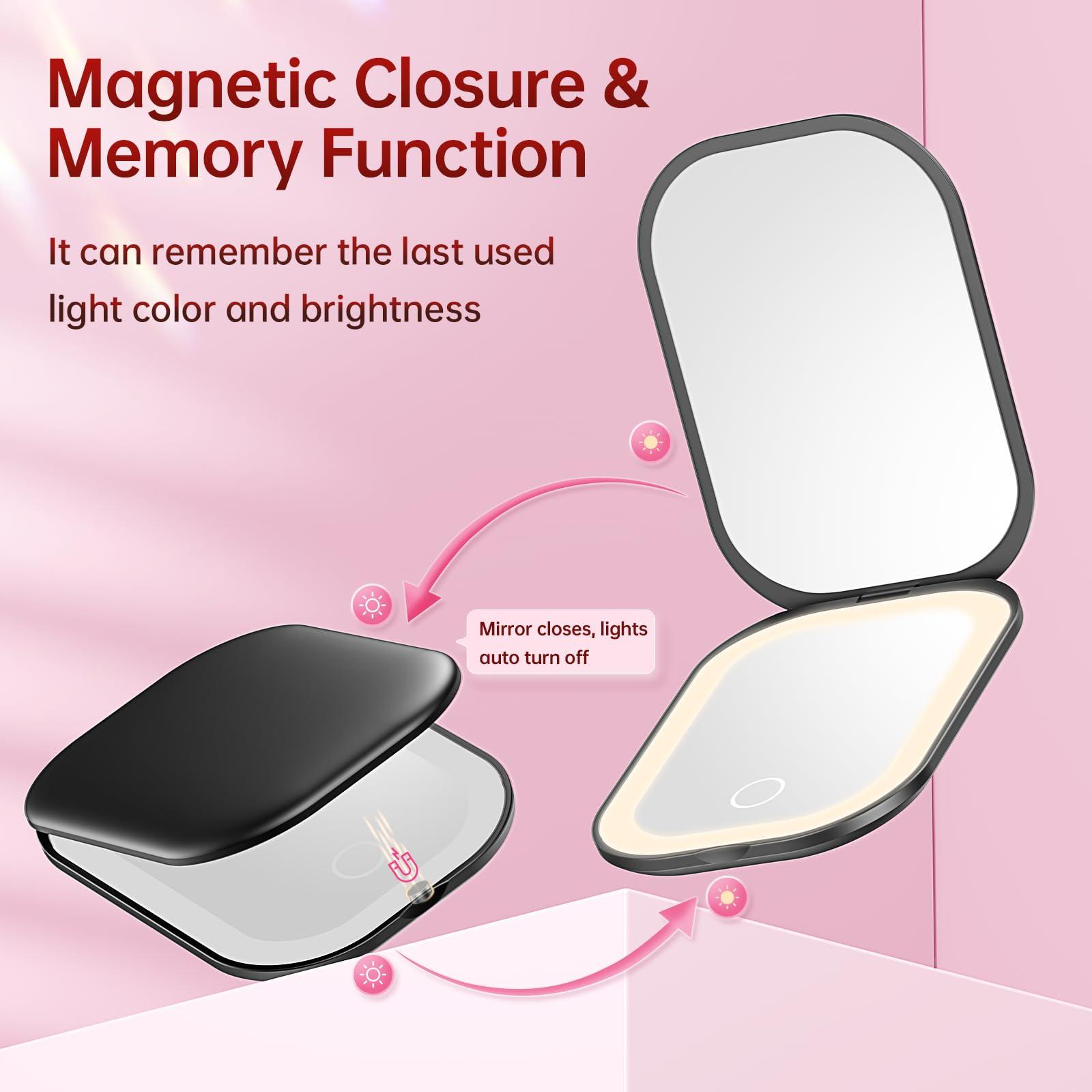 Benbilry Benbilry Lighted Compact Travel Mirror with 3 Color Lights, 1X/3X Magnifying Ultra Slim Rechargeable Pocket Mirror for Purse, 2-Sided, Handheld, Folding, Portable, Black