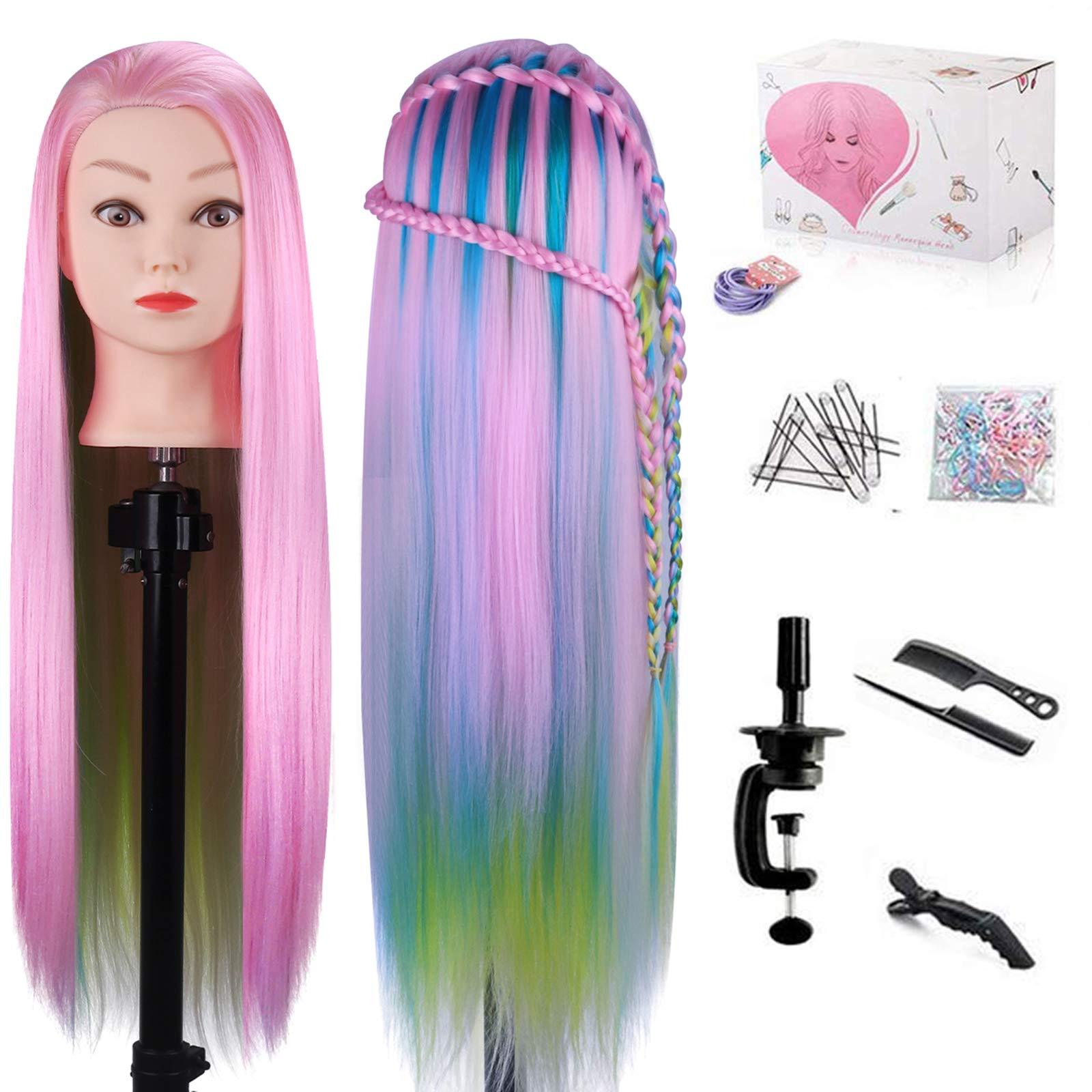 MYSWEETY MYSWEETY 29 Inch Colorful Hair Mannequin Head Hairdressing Practice Training Doll Heads Cosmetology Hair Styling Mannequins Heads with Clamp + Practice Tools(PINK)