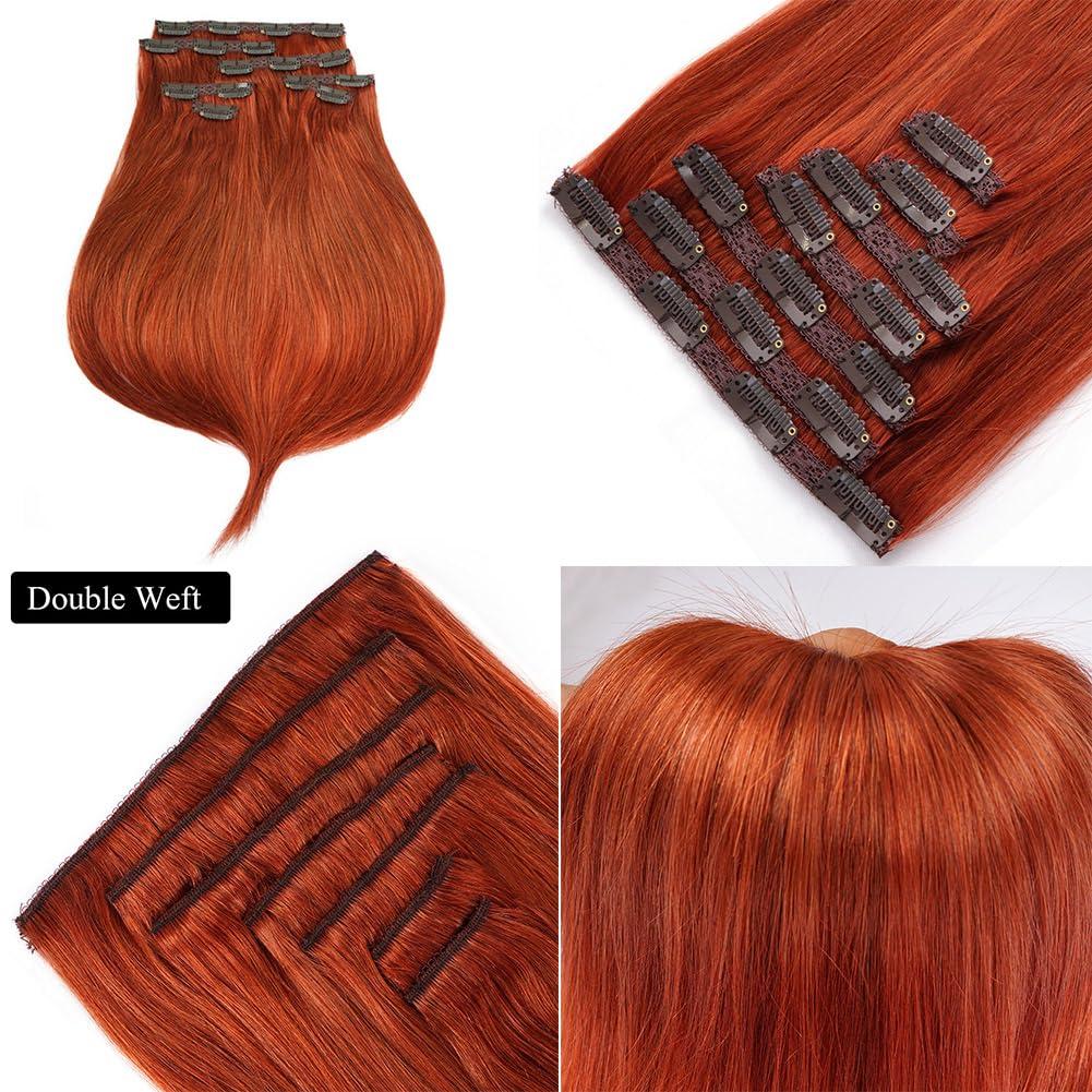 Kiss darling LASHES Straight Clip In Hair Extensions Real Human Hair 28 Inch 7pcs 120g Remy Real Hair Extension Clip ins #350 Copper Red Silky Straight Full Head Soft Natural Extension