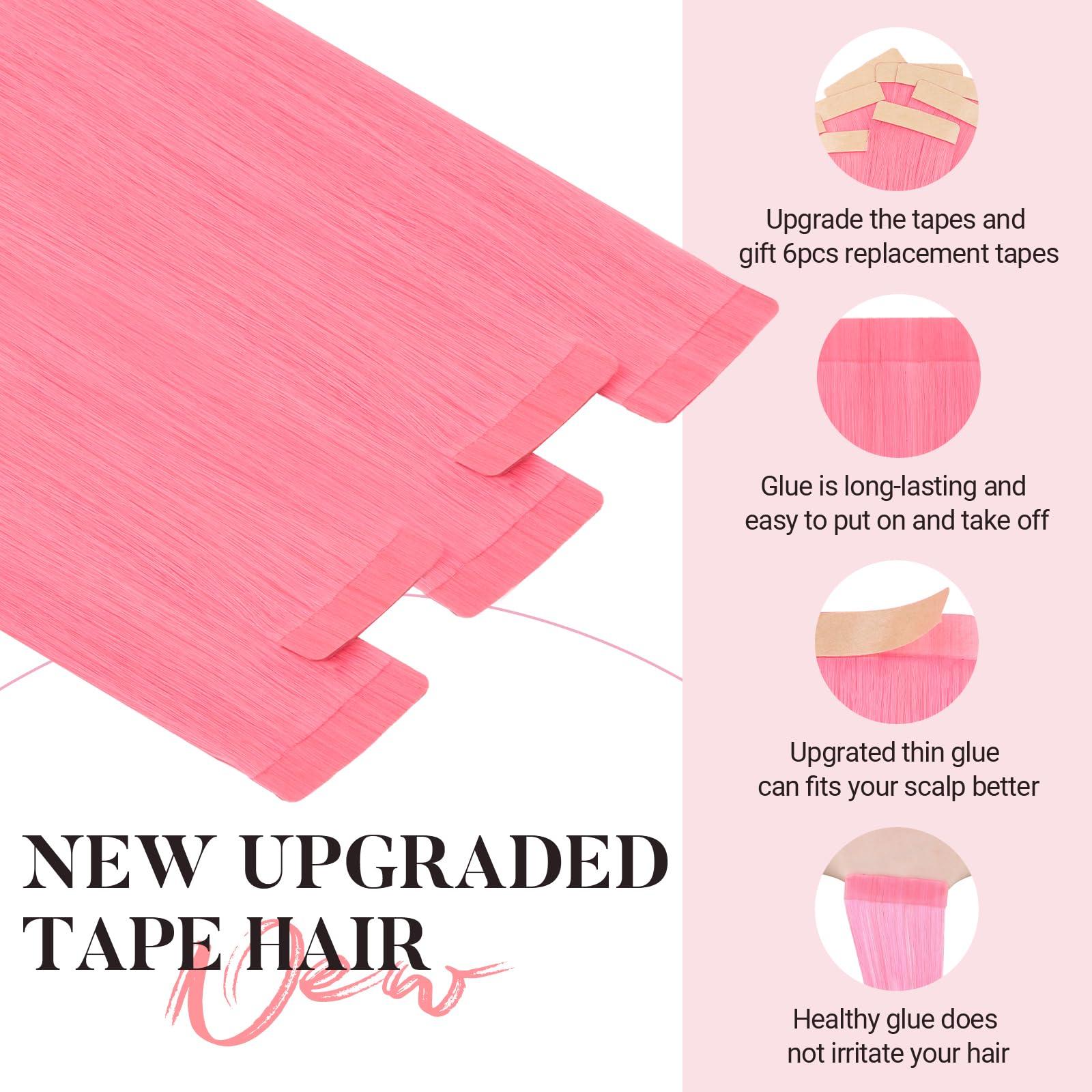 MAXITA MAXITA Tape in Hair Extensions Human Hair Light Pink Hair Extensions Tape ins, 10pcs 30g 20 Inch Colored Party Highlight Tape in Extensions Straight Soft Real Human Hair Extension