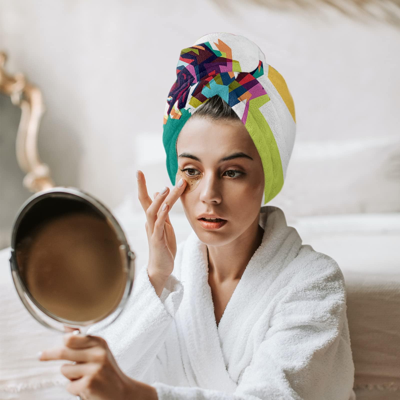 LEOSUCRE LEOSUCRE Microfiber Hair Towel Wrap Ultra Absorbent Hair Cap, Doodle Dog Hair Towel with Buttons Hair Drying Towel Turban Bath Hair Wrap for Woman 26x10in Abstract Art Geometry Splicing Animal