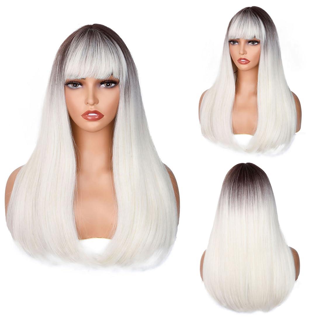 Adhdyuud Adhdyuud Women Long Straight Pink Wig Bangs Synthetic Wigs Platinum Blonde Heat Resistant Natural Hair Cosplay Wigs 18