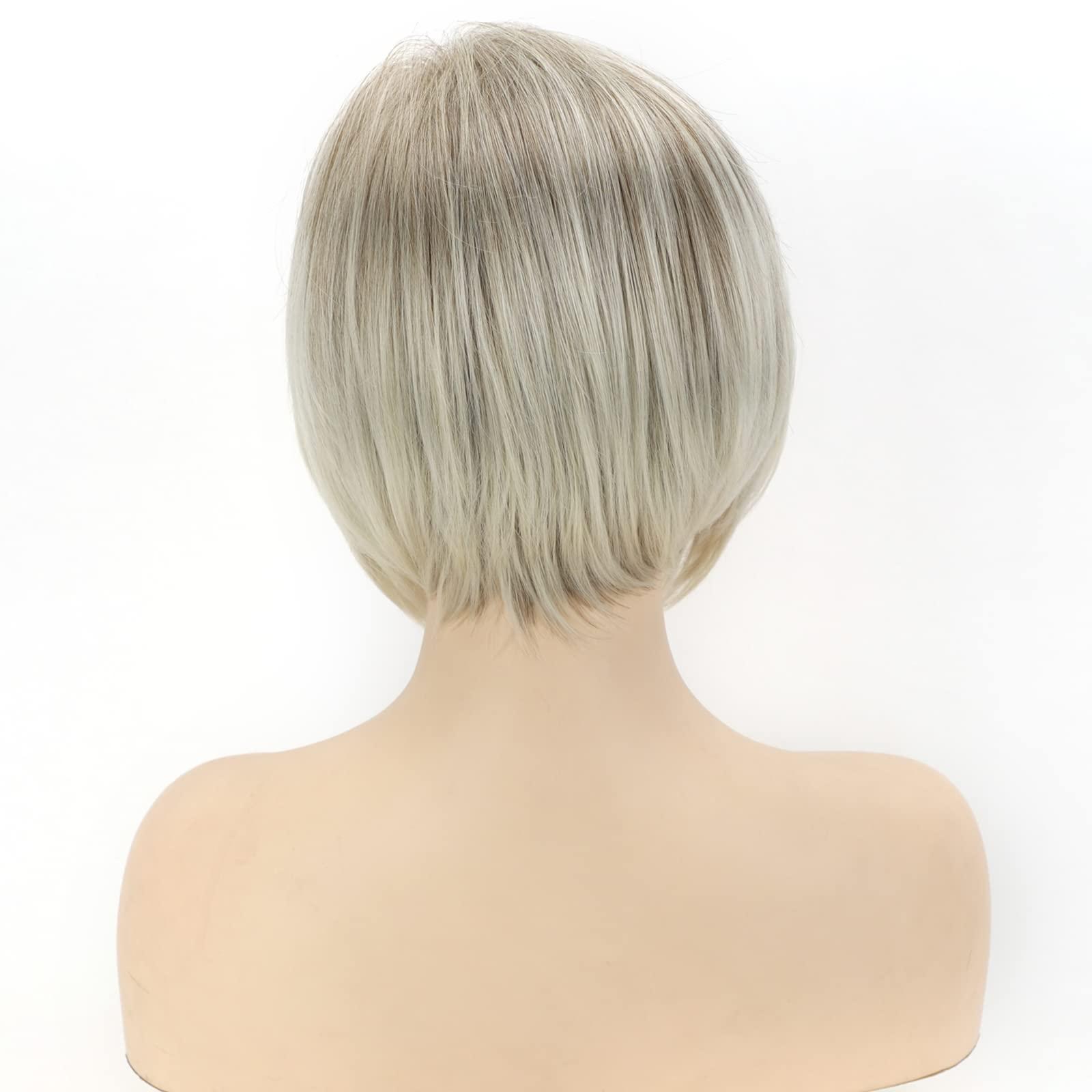 TISHINING TISHINING Layered Short Blonde Bob Wigs for White Women Chin Length Ash Blonde Side Part Pixie Bob Wig Straight Hair Synthetic Natural Looking Daily Party Wig Inverted Bob Wig