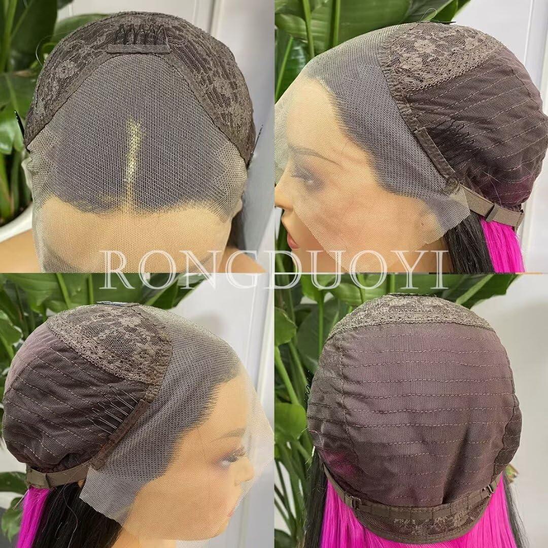 RONGDUOYI Half Black Half Pink Lace Front Wigs for Women Long Body Wave Synthetic Hair Glueless Natural Hairline Daily Use Hot Pink Highlights Cosplay Wig