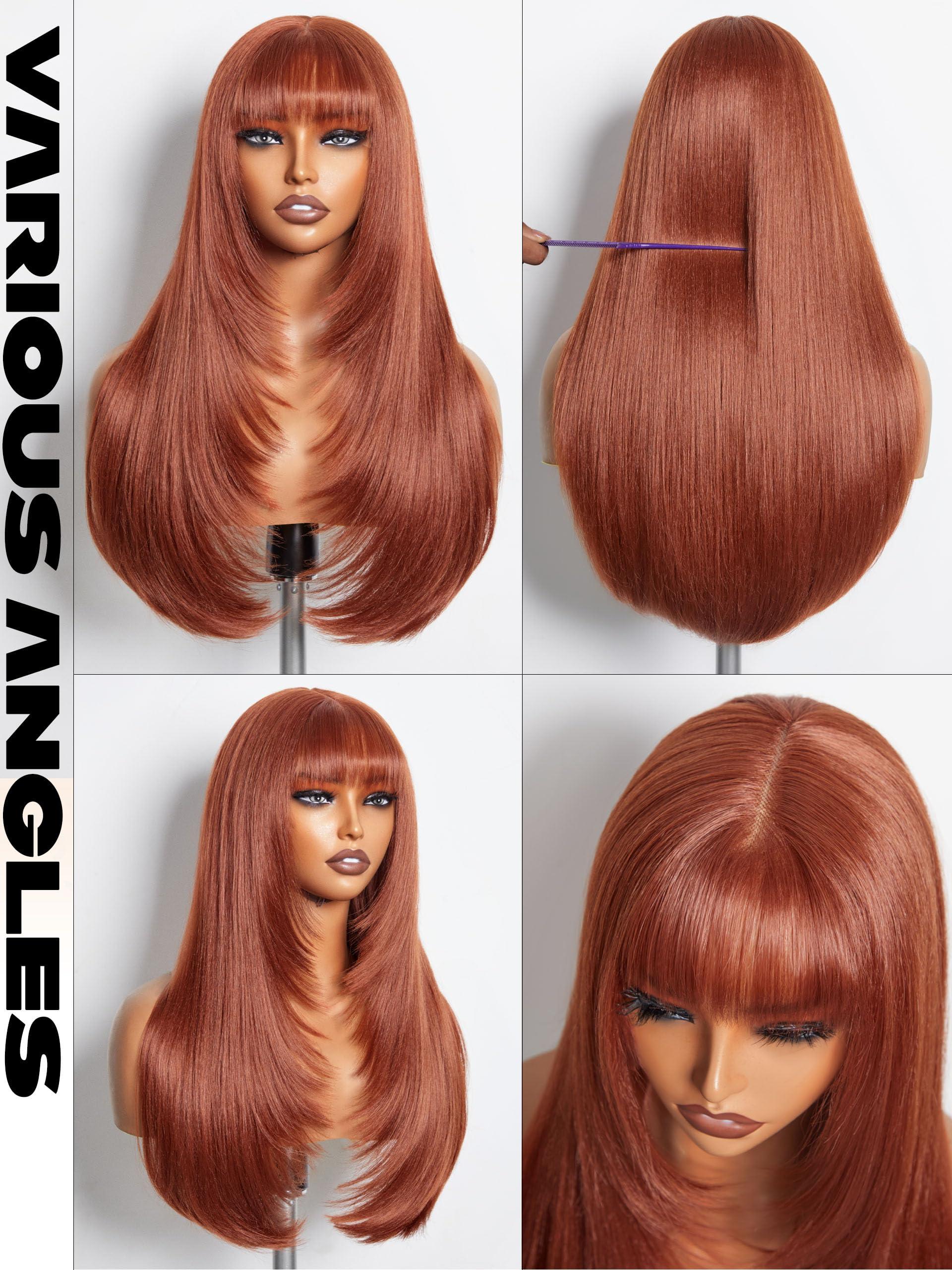 GORGIUS GORGIUS Copper Red Wig with Bangs 24 Inch Long Straight Layered Wig Glueless Curtain Bang Wig with Realistic Lace Scalp Put On & Go Bangs Wig For Beginner