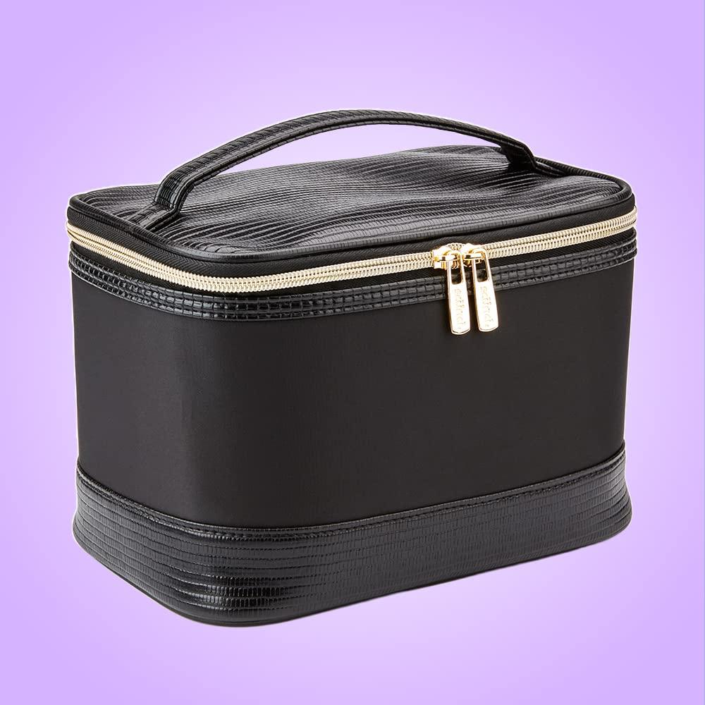 Conair Conair Travel Makeup Bag, Large Toiletry and Cosmetic Bag, Perfect Size for Use At Home or Travel, Train Case Shape in Black with Snake Print