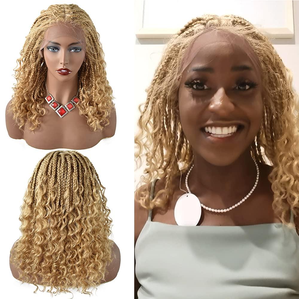 FANCYHAIR 18 Inches 4.75X12.5" Lace Front Braided Wigs with Natural Baby Hair Lightweight Hand Braided wigs for Black Women Curly Wave Ends Synthetic Glueless Cornrow Hair Tribal Braids Wigs (#27/613M Blonde)