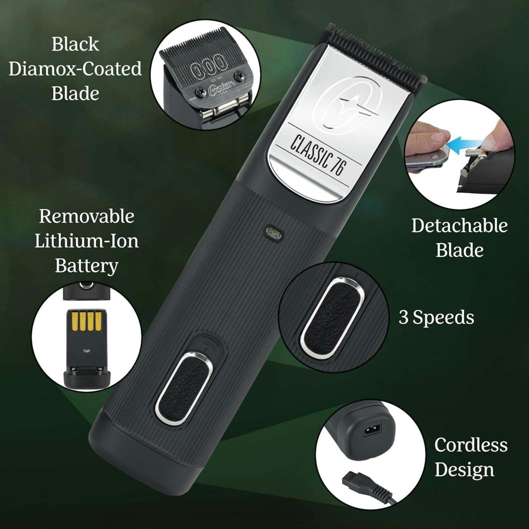 Oster Oster Professional Cordless Classic 76 Hair Clippers for Barbers & Stylists - Classic 76 Professional Hair Clippers - Detachable Stainless Steel Blades, Adaptive Speed, 120-Minute Battery (Black)