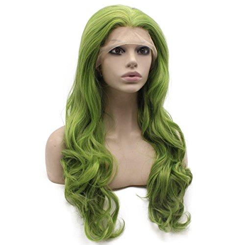MX angel MX angel Long Wavy Hand Tied Swiss Lace Front Green Wig Synthetic