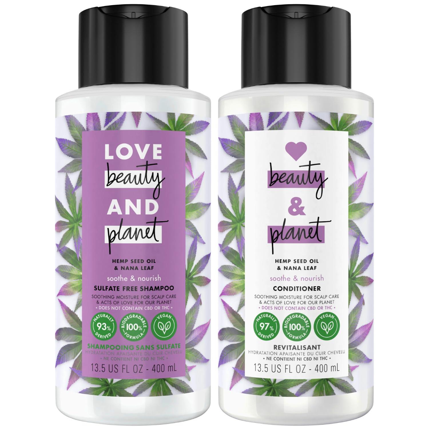 Love Beauty And Planet Love Beauty and Planet Shampoo and Conditioner, Hemp Seed Oil & Nana Leaf, Soothe & Nourish - Sulfate-Free Shampoo and Conditioner for Damaged, Dry Hair, Detangler, Scented, 13.5 Oz (2 Piece Set)