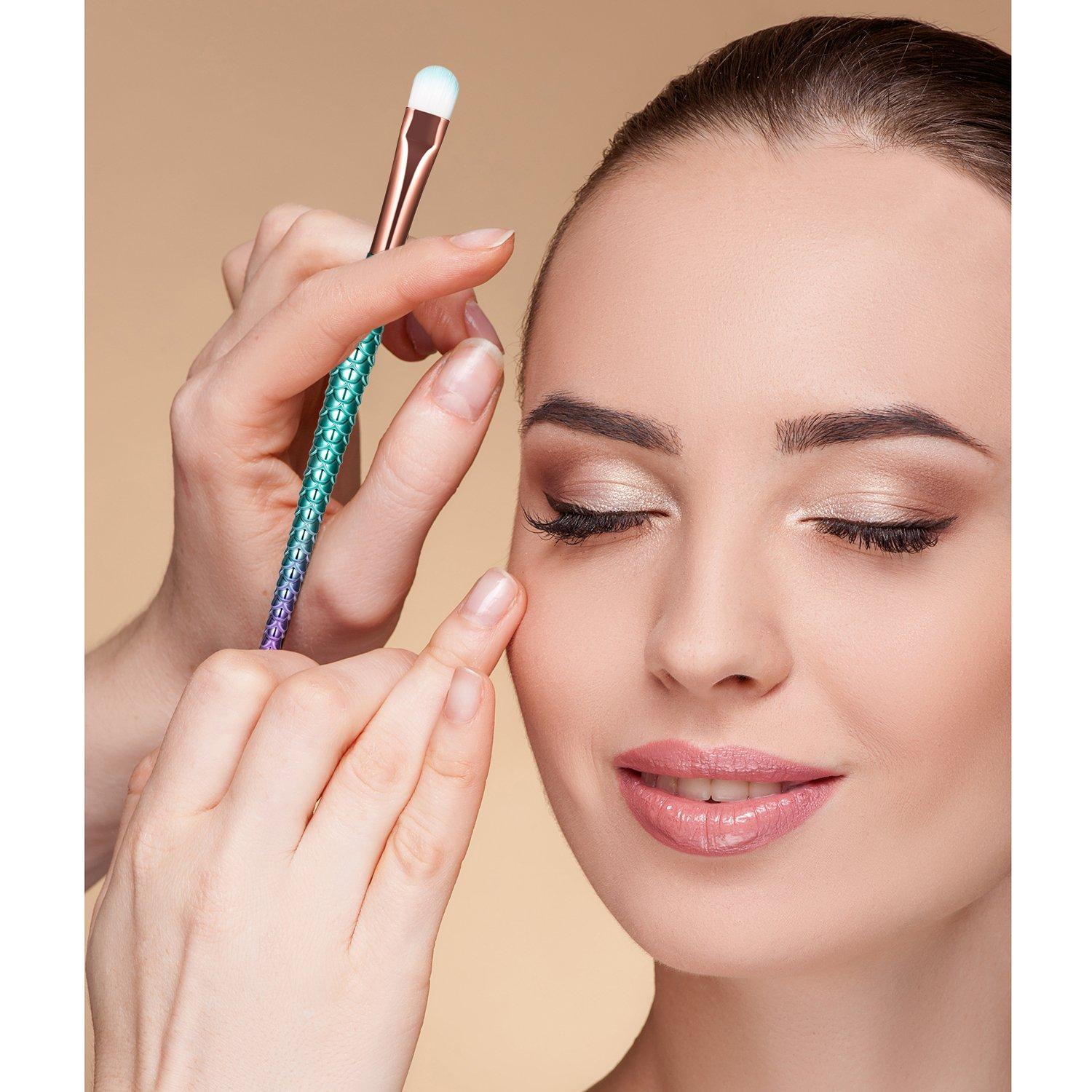 boniss Boniss Mermaid Makeup Brushes set Synthetic Fiber Hair 10Pcs Makeup Brush Kit with Bag Foundation Powder Eyeshadow Eyeliner Blending Blush Lip Concealer Fan Brush Face Cosmetic Tools (Purple blue)