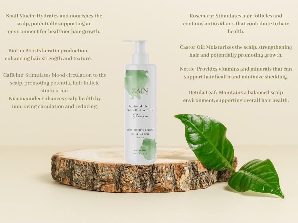 ZAIN1.618 Natural Hair growth Shampoo With Snail Mucin, Rosemary, Biotin, Niacinamide, Castor oil and Caffeine.(Mimosa, 8.45 oz) pH Level 5.2