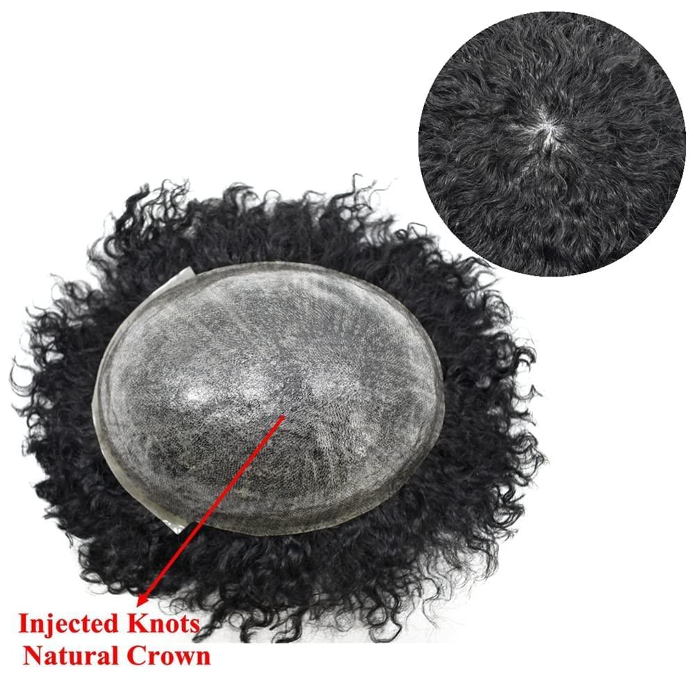 Healthlif Men Weave Hair Unit Black Men Afro Toupee Hair Pieces For Black Men African American Men Afro Wigs Real Human Hair Units Black Men Natural Hairline Invisible Full Poly Afro Wave Hairpieces (8\'\'X10\'\' -6MM Wave, #1B OFF BLACK)