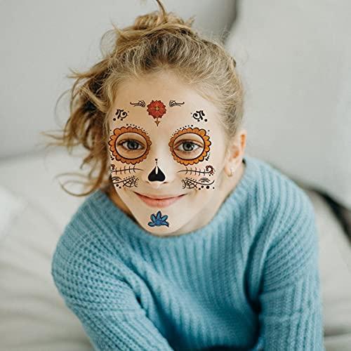 FATHER.SON 4 Pack Halloween Face Tattoo, Day of the Dead Sugar Skull Temporary Tattoos Makeup Kit for Men and Women Halloween Costume