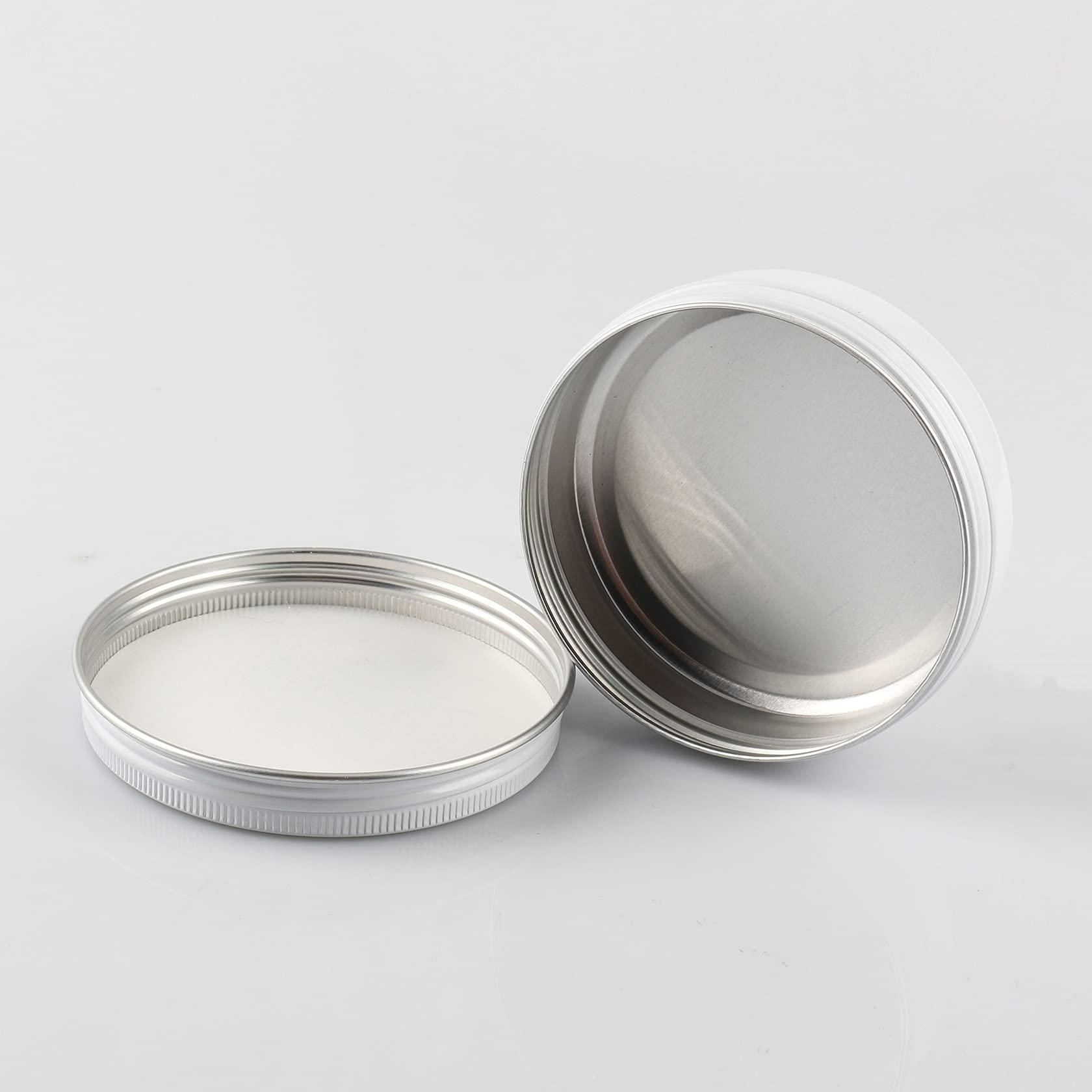 Dlibuy DLIBUY 50 Pcs 100ml 100g Empty Round White Aluminum Tin Jars with Screw Lids Cosmetics Lip Balm Containers Pots for DIY Candle Salve Powder Crafts Storage Cans 3x Alu Spoon, 50x Ø 7cm Labels