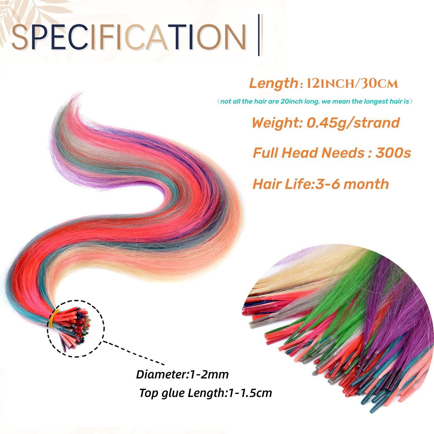 Vieuinaux Vieuinaux 50 Strands/lot Colored I Tip Human Hair Extension For Womens Girls Kids Gift Rainbow Highlights Hair Extensions With Micro Beads And Pulling Needle (12INCH/30cm, Blue)