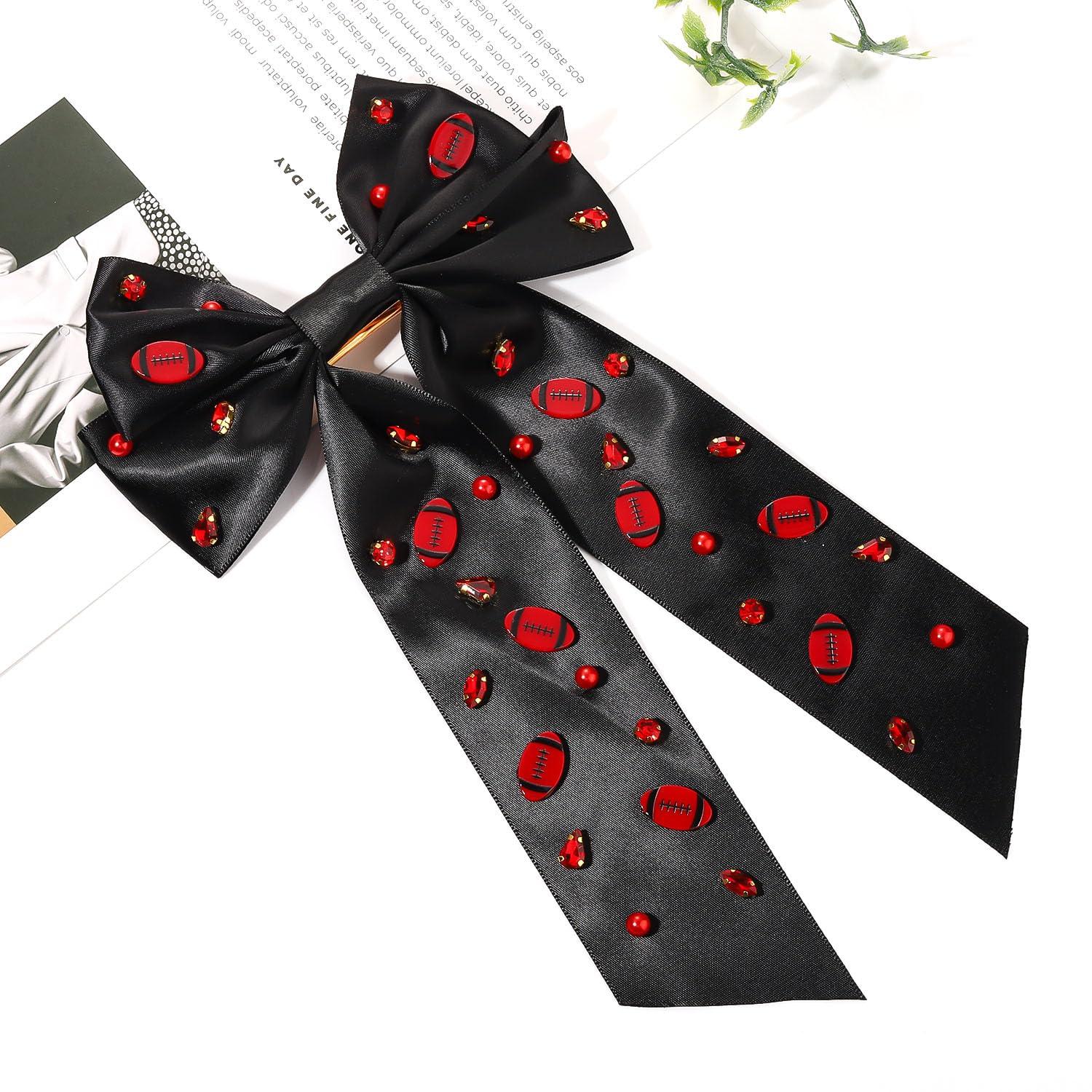 PHALIN Football Hair Bows for Women Game Day Hair Bow Clips Big Red Black Blue Silky Satin Hair Ribbon Bows Barrettes Jeweled Football Cheer Bows Game Day Accessories Outfits Party Favors Gifts