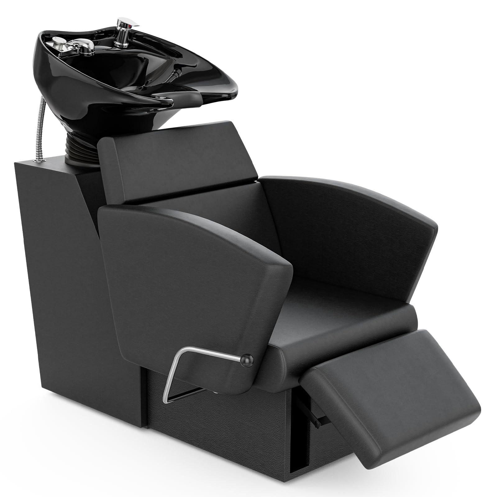 Icoget Icoget Shampoo Bowl and Chair Set for Salon, Hair Washing Station w/Reclining Legrest & Tilting Deep Porcelain Sink, Backwash Barber Shampoo Equipment for Beauty Spa Barbershop, Black