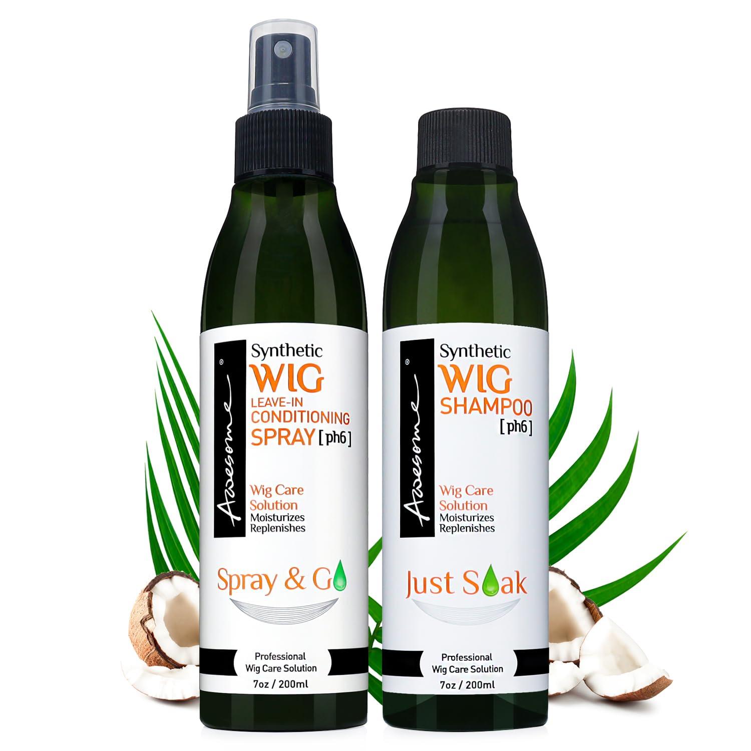 Awesome Awesome Synthetic Wig Shampoo and Leave in Conditioner Spray: pH6, Premium Set of 2, Revitalizes Synthetic Wigs, Contains Coconut Oil (7 fl oz)