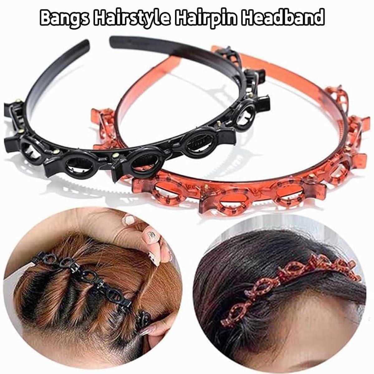 Evarisy Bangs Hairstyle Hairpin Headband, Headband with Clips Attached, Double Layer Band Twist Plait Headband Hairpin Hair Claw Clips, Women Fashion Hair Accessories (2PCS-2)