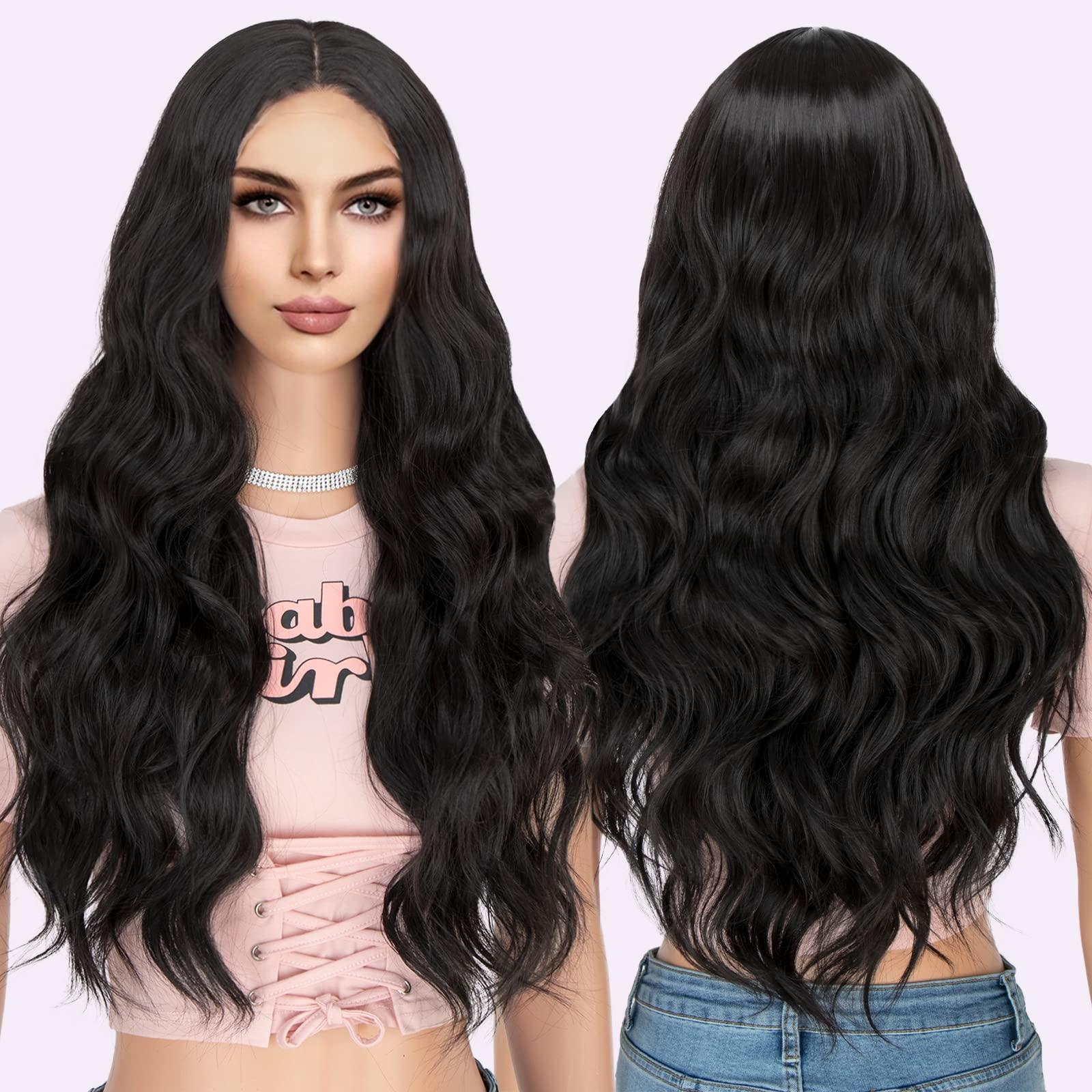 K'ryssma K'ryssma Black Synthetic Lace Front Wig Body Wave 180% Density Glueless Long Black Wig for Black Women T Part Black Wavy Synthetic Wig with Natural Hairline
