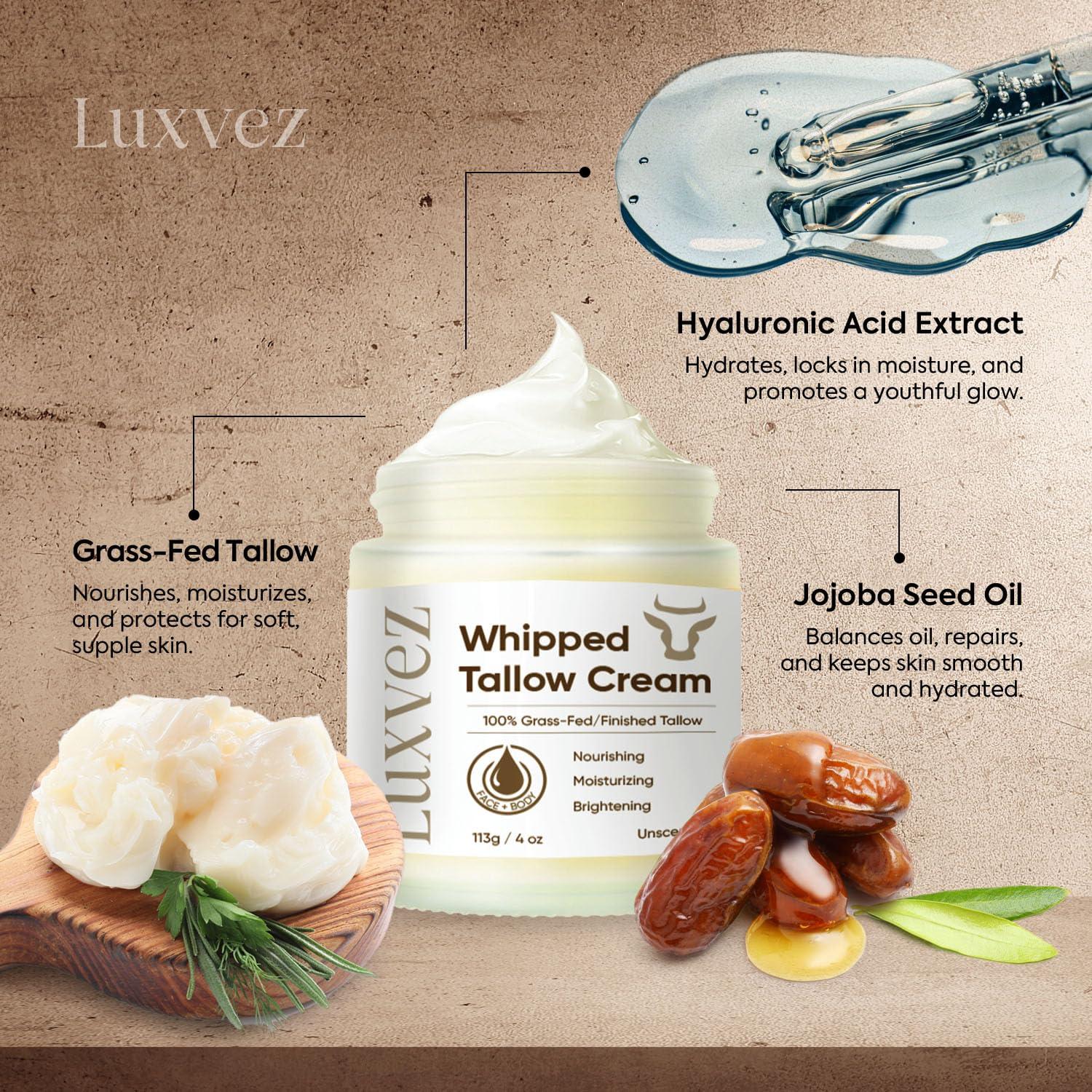 Luxvez Luxvez Beef Tallow Face Moisturizer: Grass Fed Beef Tallow for Skin - Whipped Tallow Balm for Face and Body - Unscented Skincare for All Skin Types, 4 Oz