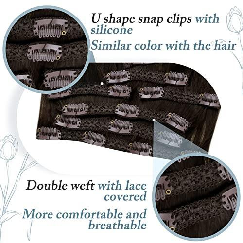 RUNATURE RUNATURE Dark Brown Clip in Hair Extensions Short 12 Inch Dark Brown Human Hair Clip in Extensions Full Head Brown Clip in Human Hair Extensions 80g 7pcs Straight Brunette Hair Extensions