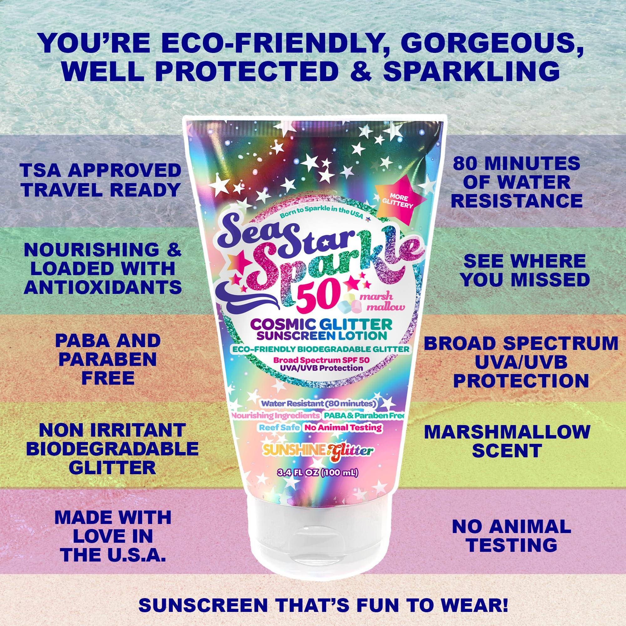 Sunshine & Glitter Seastar Sparkle - Cosmic Marshmallow Scented Glitter Sunscreen Lotion - SPF 50 - Biodegradable Sunscreen, Kids, Water Resistant, Glitter lotion, Cruelty Free, Kids Lotion, Made in USA, 3.4oz