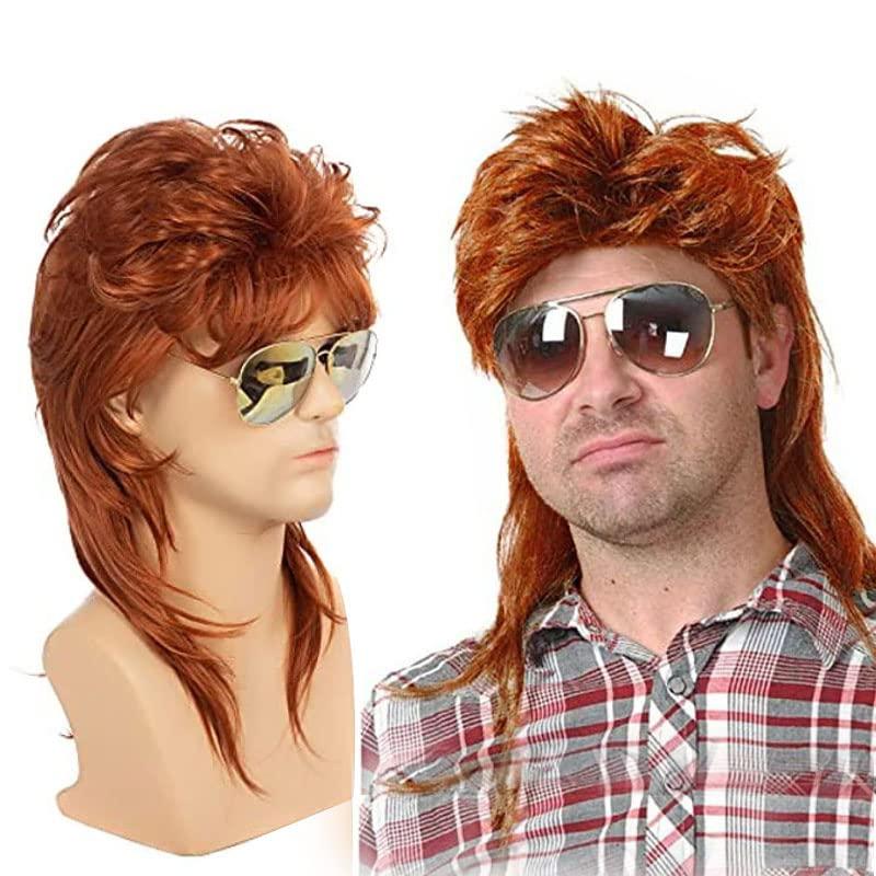 Weiara Mullet Wigs for Men, 80S Long Hair Curly Orange Wig 70S Curly Disco Punk Rock Ginger Wig for Halloween Cosplay Christmas Party