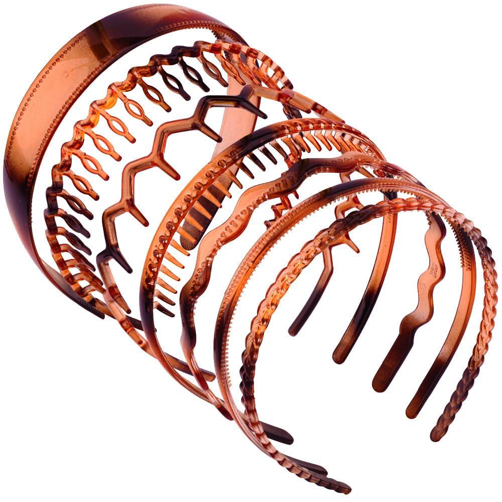 AHONEY AHONEY 7 Pack Brown Headbands for Women Mens Plastic Headbands with Teeth Non Slip Hairbands for Women\'s Hair Accessories Comb Headband Diademas Para Mujer (Amber)