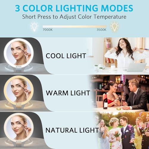 WEILY WEILY Magnifying Mirror with Light, 10X/1X Magnification Double-Sided Travel Makeup Mirror, with 3 Color Lights, Touch Control, Rechargeable Portable Mirror for Bedroom, Bathroom (White)