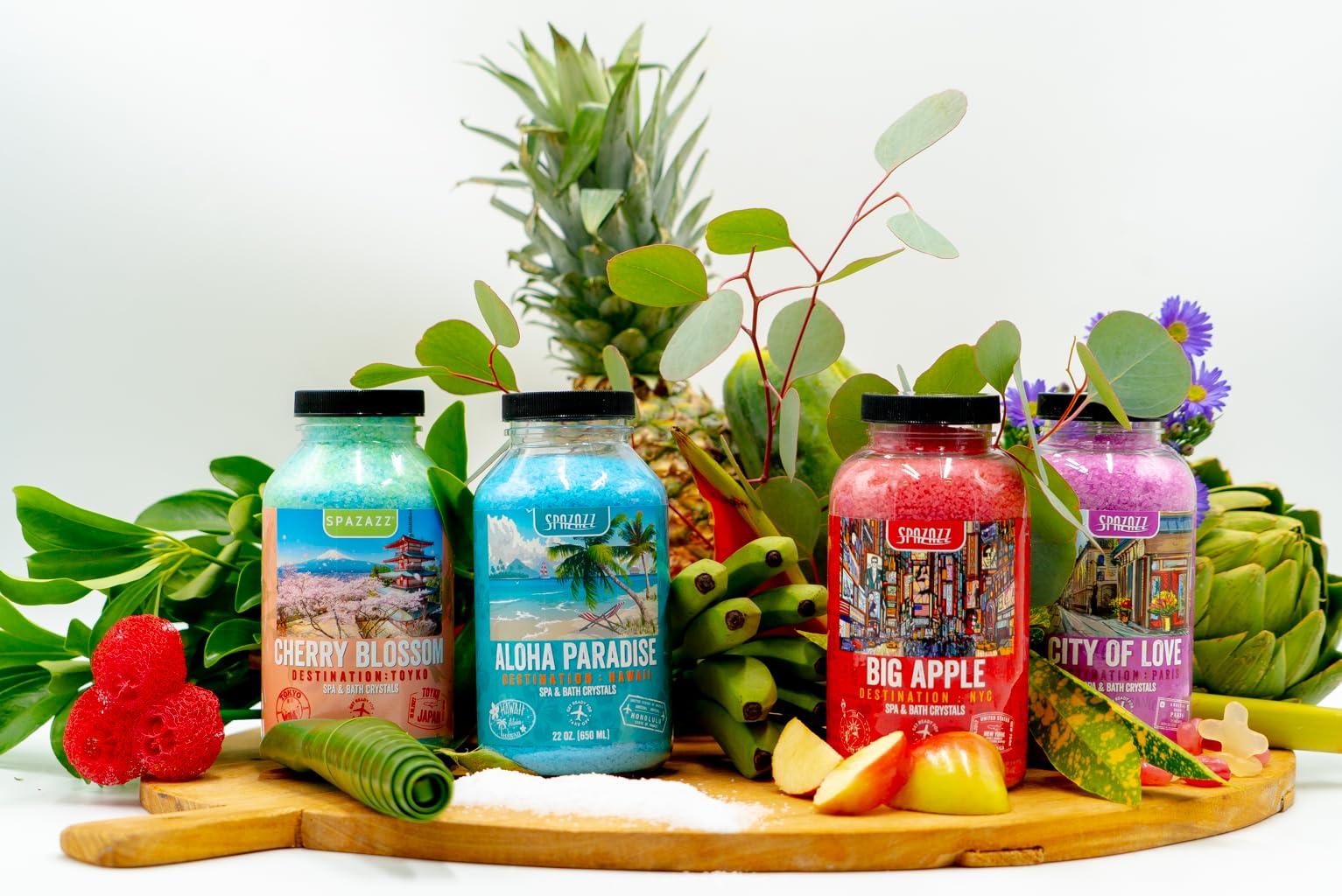 SPAZAZZ Hot Tub & Spa Aromatherapy Bath Salt Crystal Scents Spazazz Destinations Collection Bundle Aloha Paradise, Big Apple, City of Love, Cherry Blossom - Skin Moisturizer - Will Not Damage Spas & Hot Tubs
