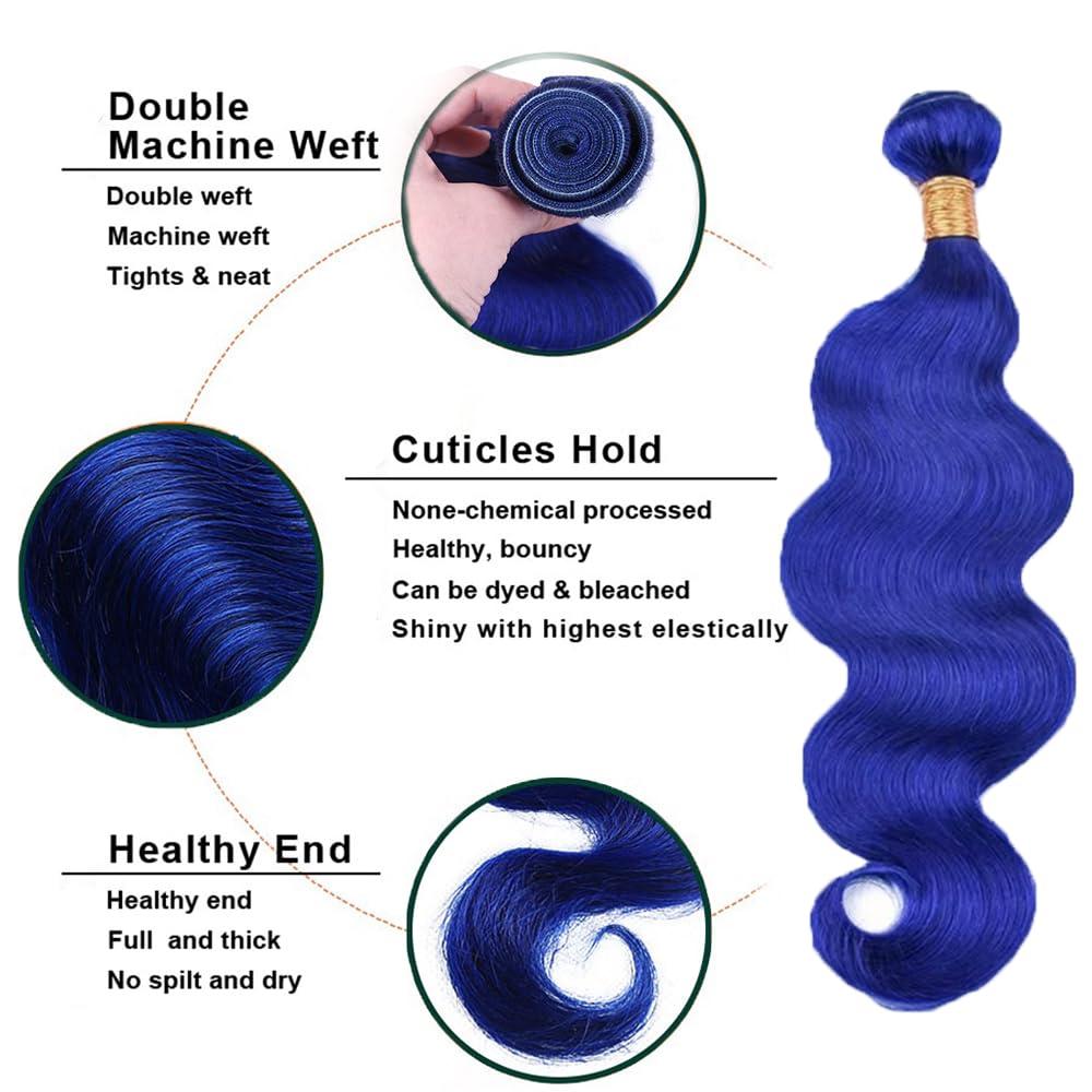 CnumGunm Pure Blue Body Wave Human Hair Bundles 20 22 24 inch 3 Bundles Blue Body Wave Bundles Human Hair Unprocessed Brazilian Virgin Human Hair Extensions