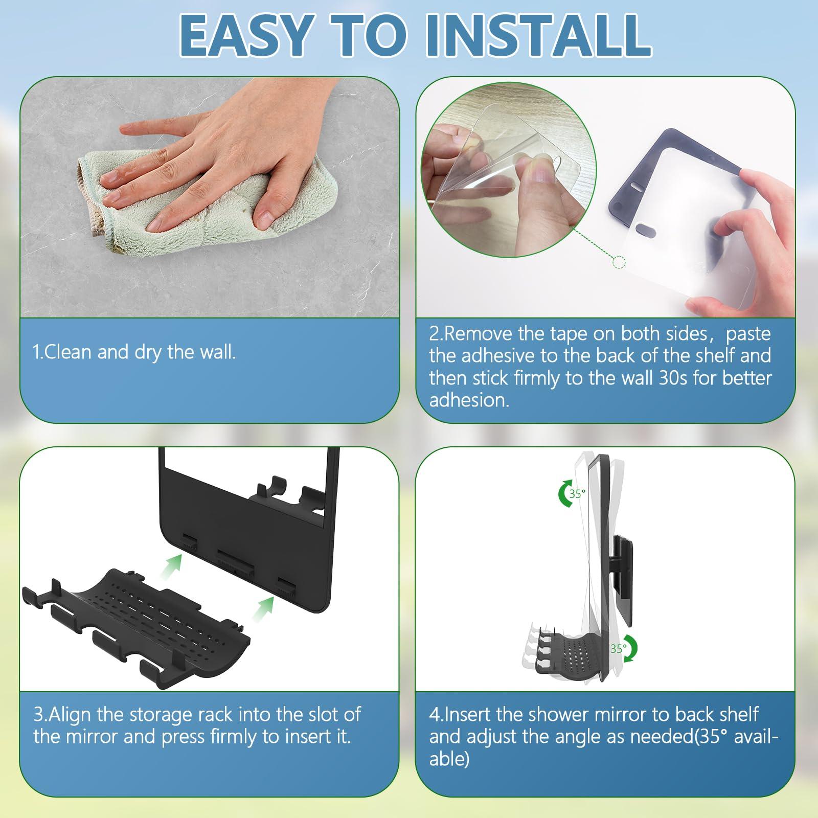 deaunbr Fogless Shower Mirror for Shaving, Anti Fog Mirror for Shower with Multifunctional Storage for Razor and Shaving Foam Canister,Bathroom Mirror for Men and Women