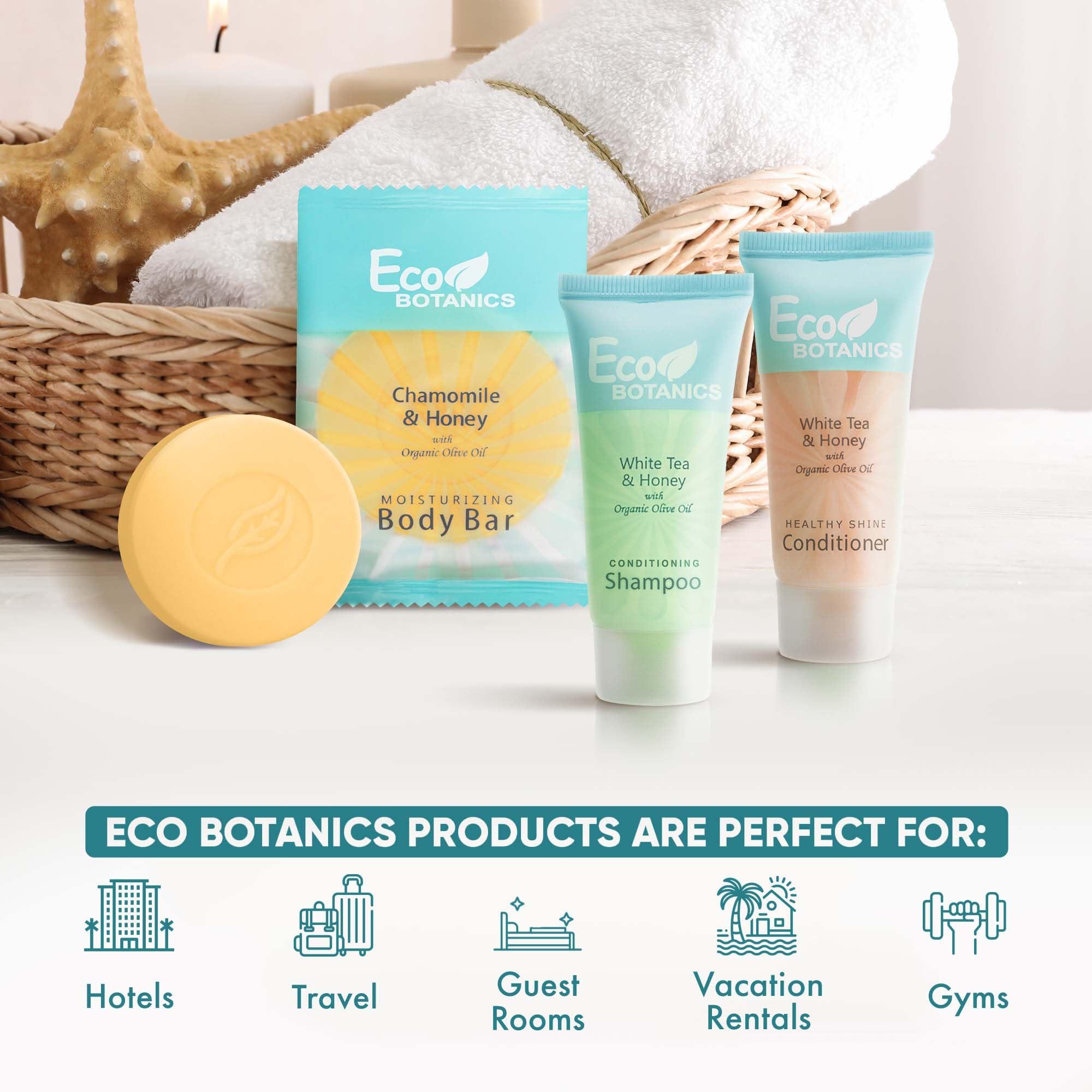 Eco Botanics Eco Botanics Soaps & Toiletries Bulk Set | 1-Shoppe Amenities Kit for Hotels & Vacation Rentals | 0.85 oz Shampoo & Conditioner, 0.89 oz Bar Soap | Travel Size | 150 Pieces